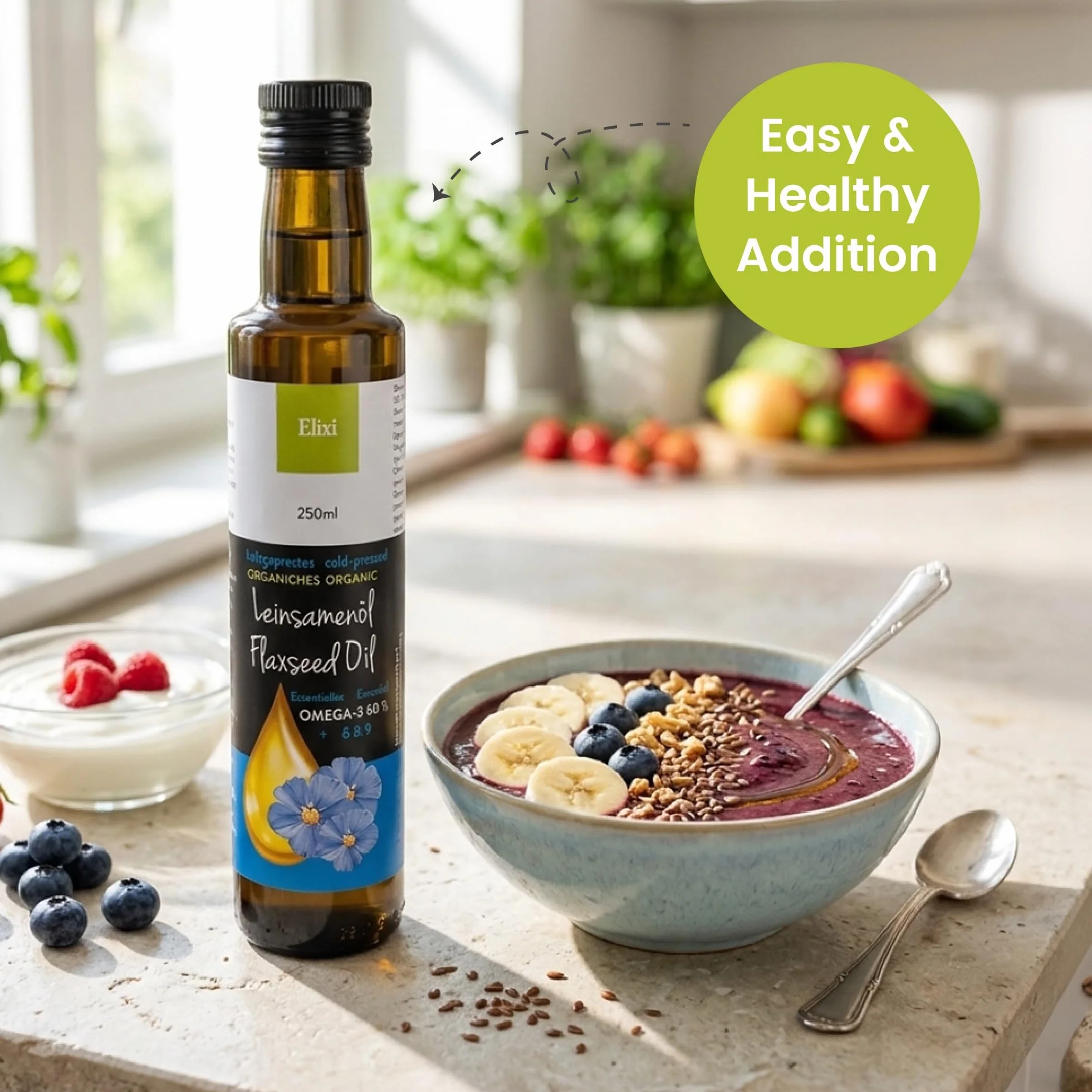 Elixi Olej lniany bio tłoczony na zimno 2x250 ml 500 ml Omega 3 ALA 59% Vegano Finlandia