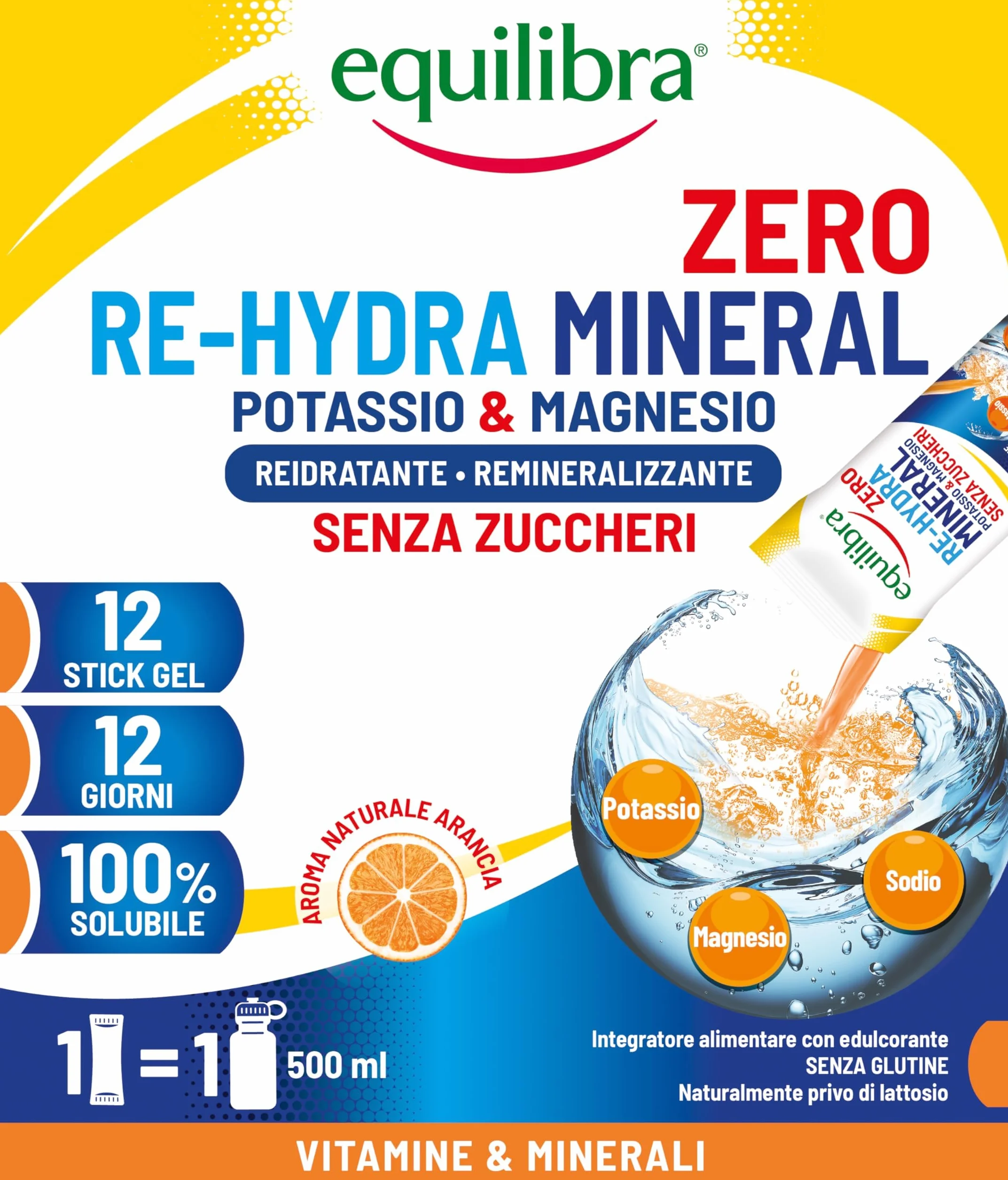 Equilibra Potassio e Magnesio Integratore Re-Hydra Mineral Zero 12 Stick Gusto Arancia Senza Zuccheri