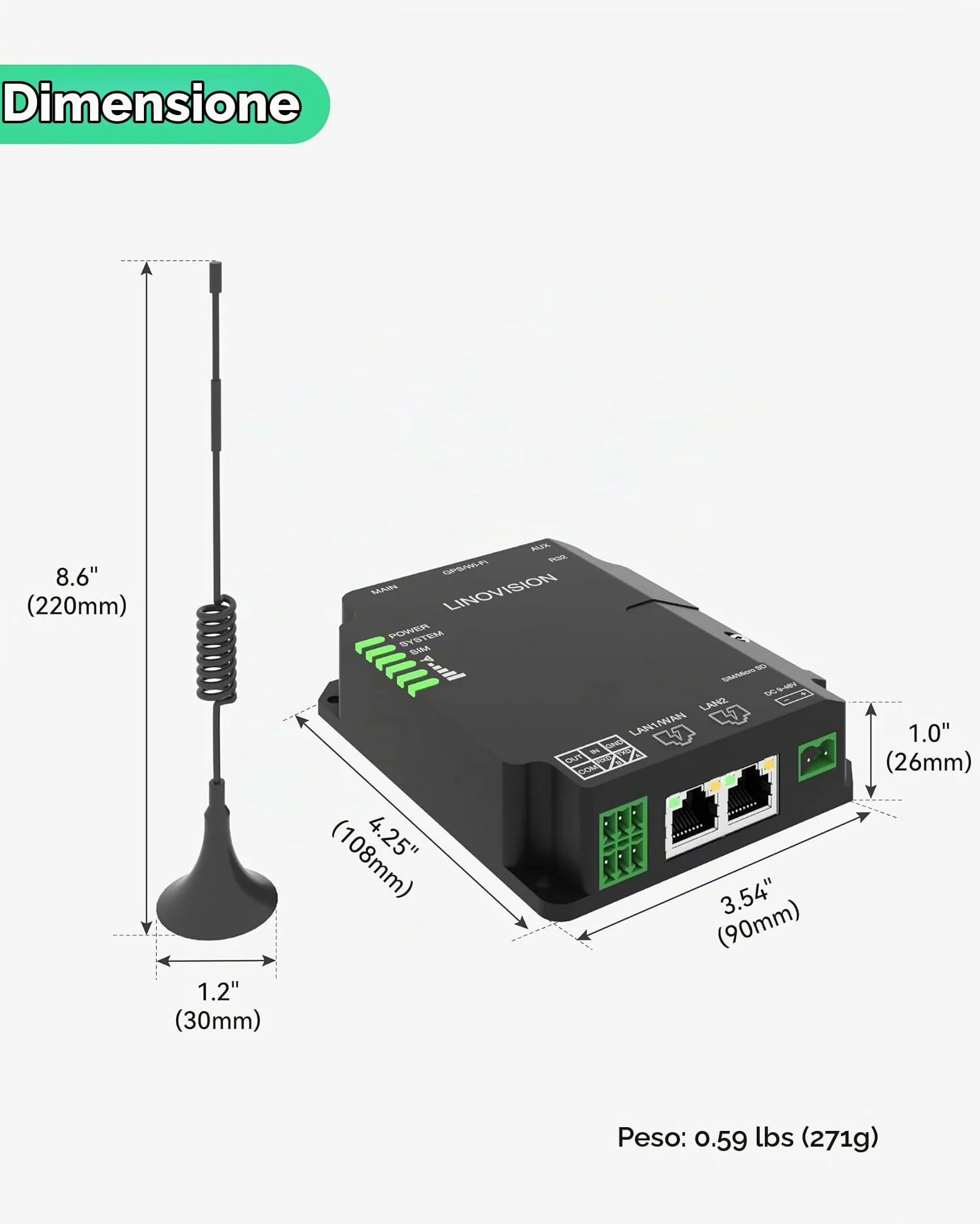 LINOVISION Router Industriale Cellulare 4G LTE Cat4 con Wi-Fi, Segnale Potenziato per Siti Remoti, Slot SIM Doppie, Gateway DTU per Dispositivo RS485, Sensori IoT, Telecamere Solari, M2M, Veicoli