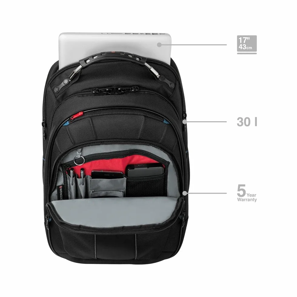 WENGER Zaino Porta PC Carbon, Notebook 17”, Scomparti, 30 l, Uomo Donna, Ufficio Viaggi di Lavoro Università, Nero, 600637