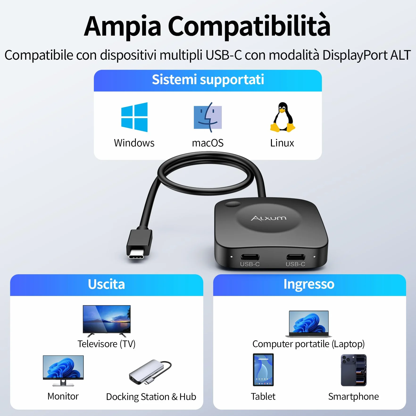 Alxum Switch USB-C 20Gbps a 2 computer, selettore per monitor/dock USB-C/Thunderbolt 4, supporto 8K@30Hz / 4K@144Hz, ricarica PD 3.1 140W, con telecomando. Per laptop gaming, tablet e smartphone.