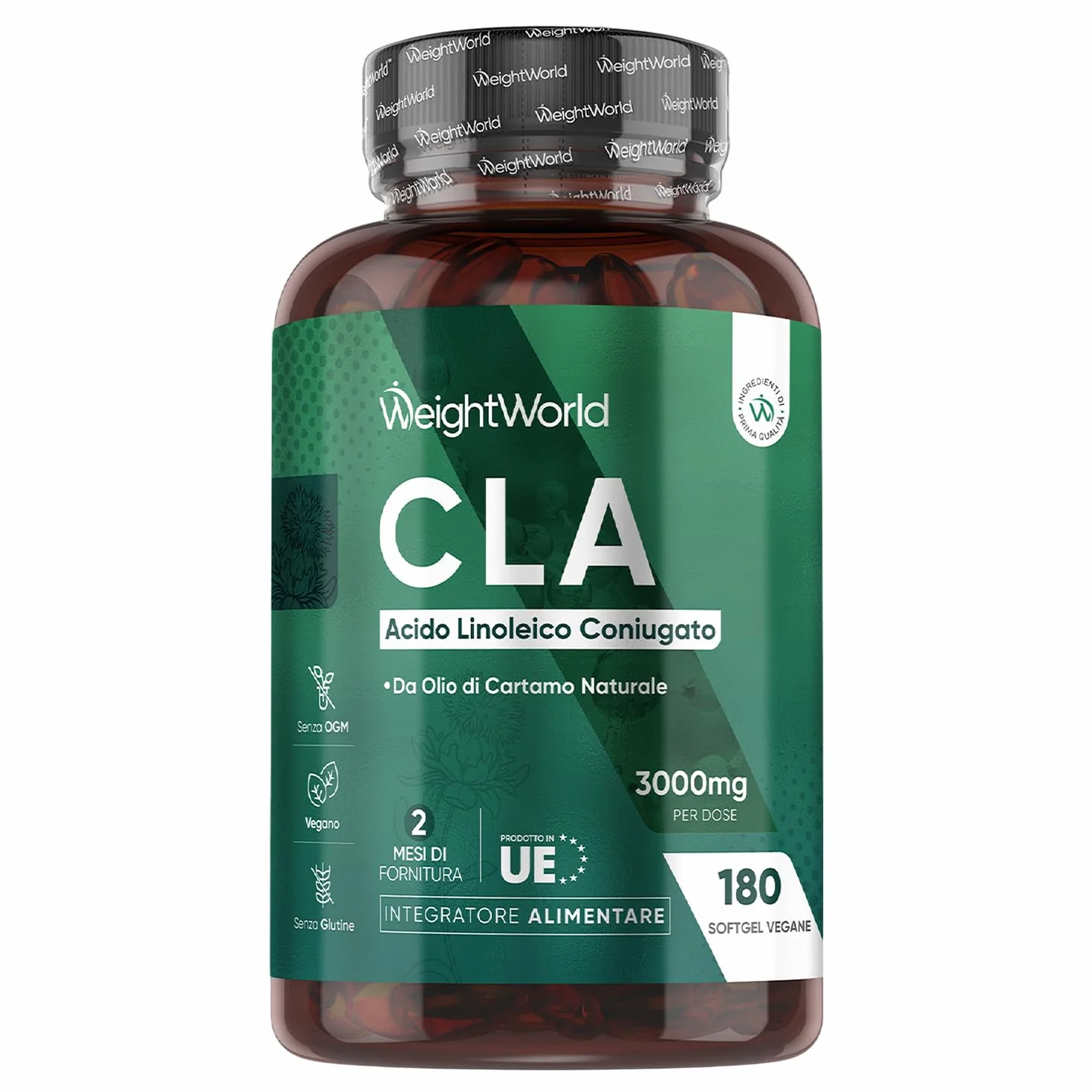 CLA 3000mg per Dose 180 Softgel Vegane 80% Acido Linoleico Coniugato Integratore Alimentare Senza Glutine