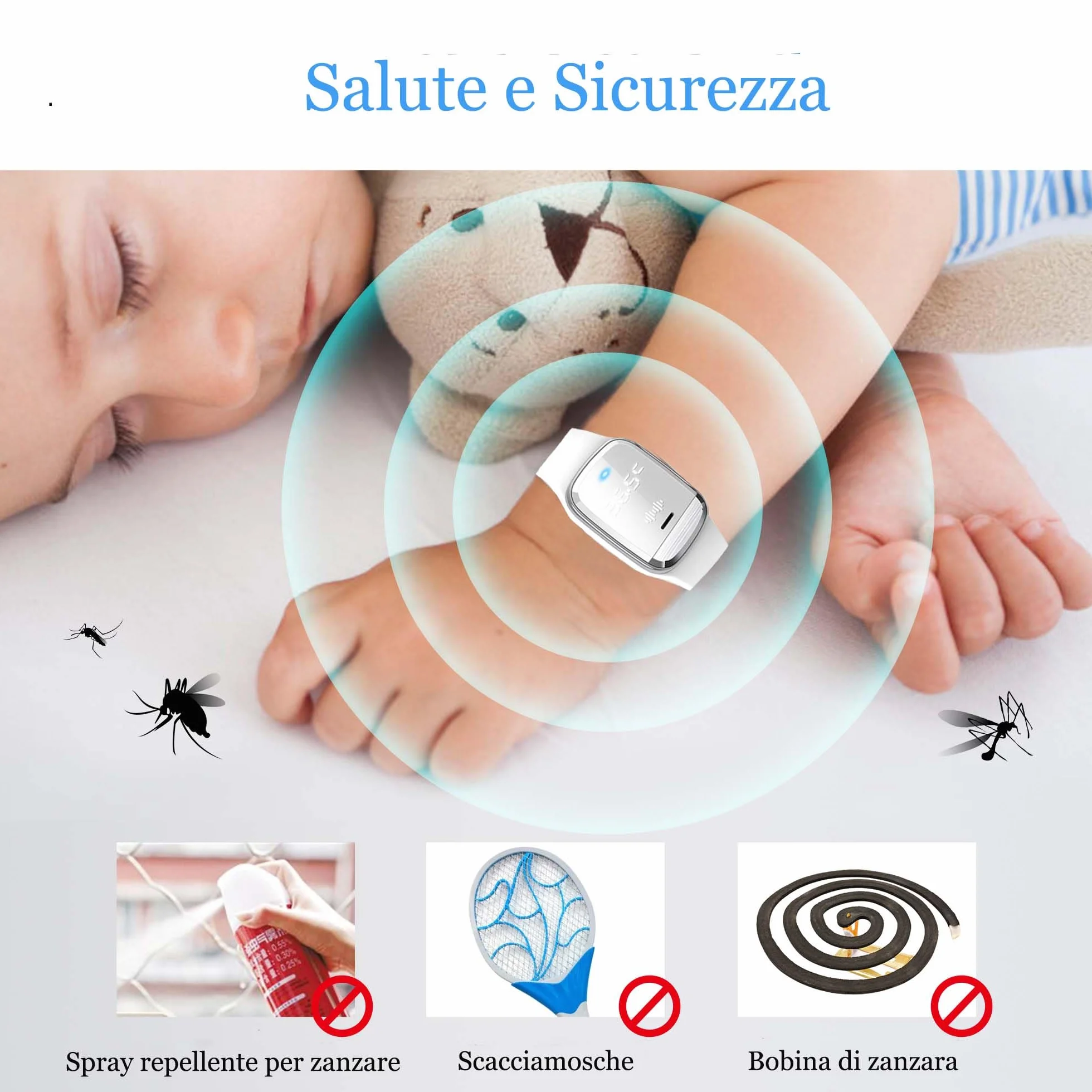Braccialetto Repellente Zanzare Ricaricabile USB Orologio Ultrasuoni Temperatura Corporea Impermeabile