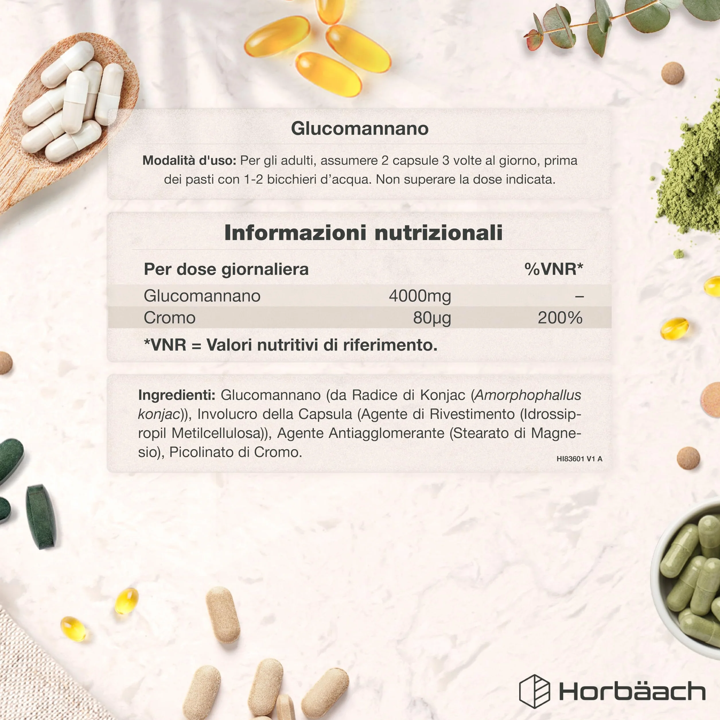 Glucomannano 4,000mg Radice di Konjac con Cromo 180 Capsule Vegani Horbaach