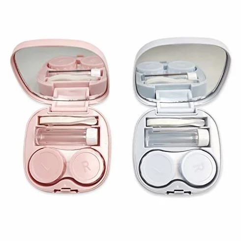 Pezzi Custodia Per Lenti a Contatto Con Specchio, Mini Porta Lenti a Contatto Da Viaggio, Plastica Blu Rosa