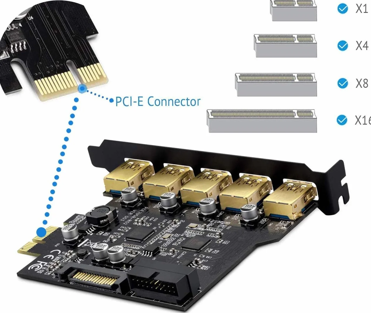 Scheda PCIE USB 3.0, 5 Porte a USB Scheda di Espansione Superspeed 5 Gbps con connettore di Alimentazione SATA a 15 Pin e interfaccia USB 3.0 a 19 Pin,Supporto Windows XP/Vista/7/8/10/ Linux