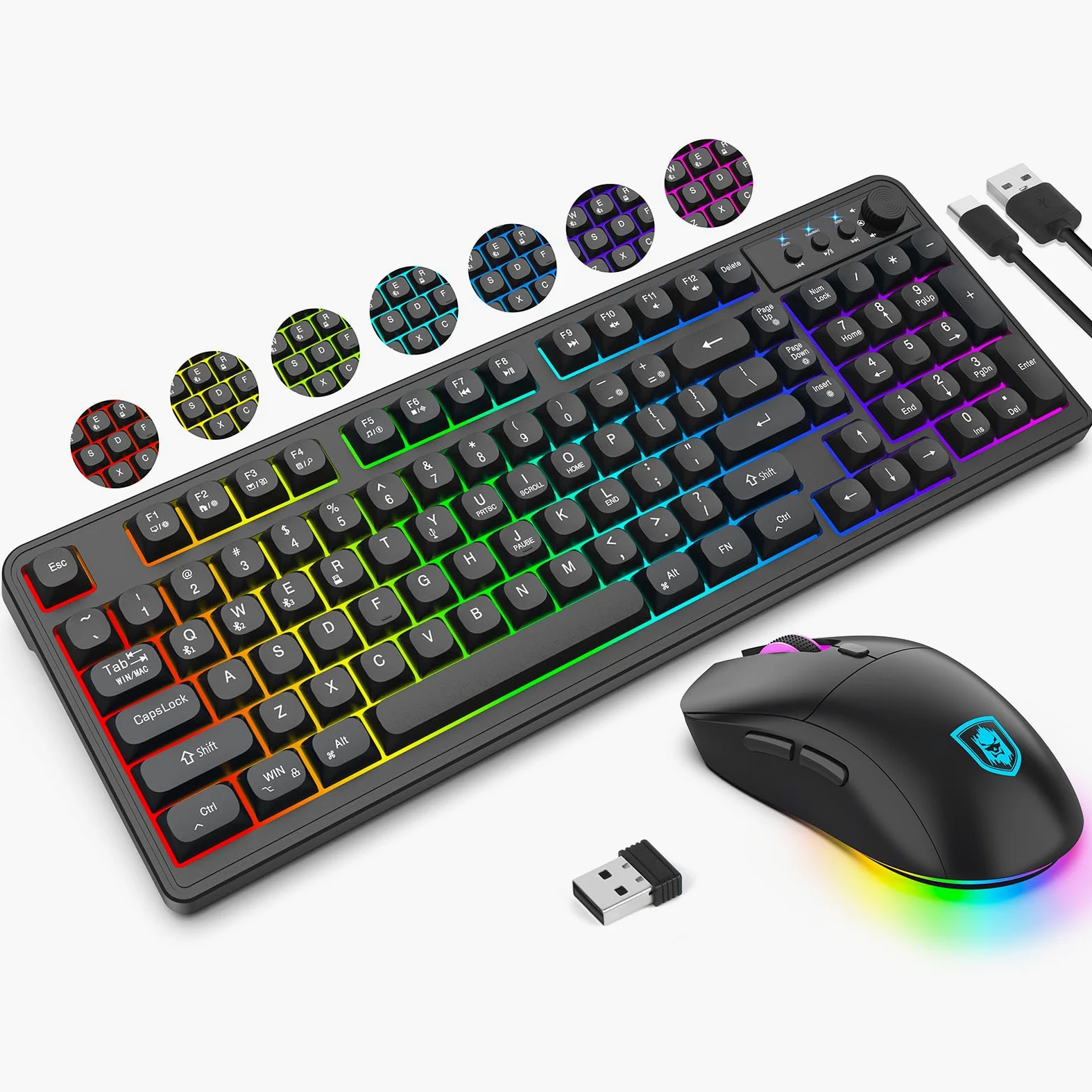 KOLMAX BT98 - Tastiera e mouse wireless combinati, tripla modalità 2,4 G/cablato/Bluetooth, tastiera e mouse da gioco ricaricabile, ergonomica, retroilluminata RGB, con manopola, per PC/Mac/Tablet