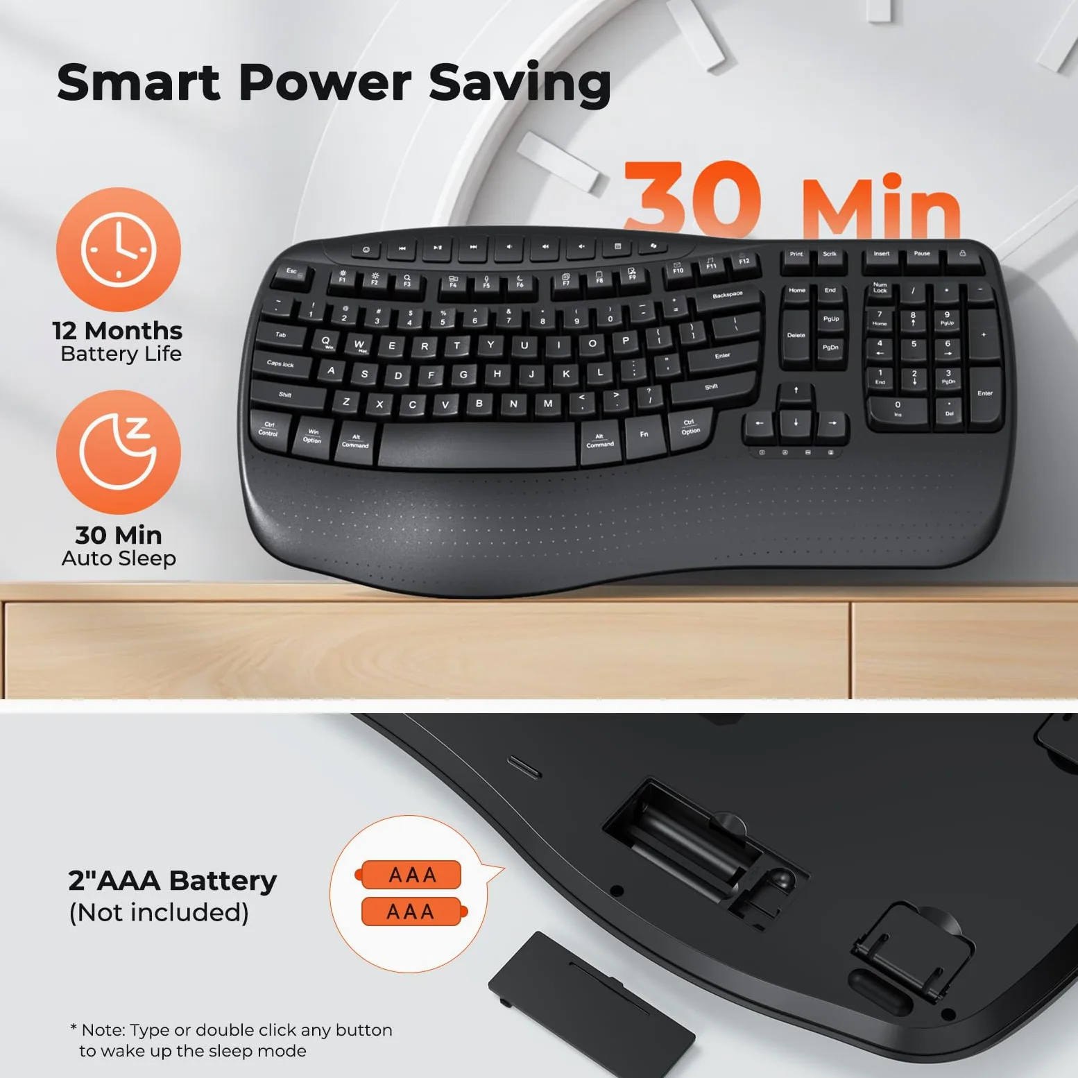 Doci Tastiera ergonomica senza fili, tasti ondulati, tastiera di digitazione naturale, ricevitore cordless USB-A 2.4G e adattatore USB-C, tastiera per computer Ergo, Windows/Mac/PC/laptop, nero