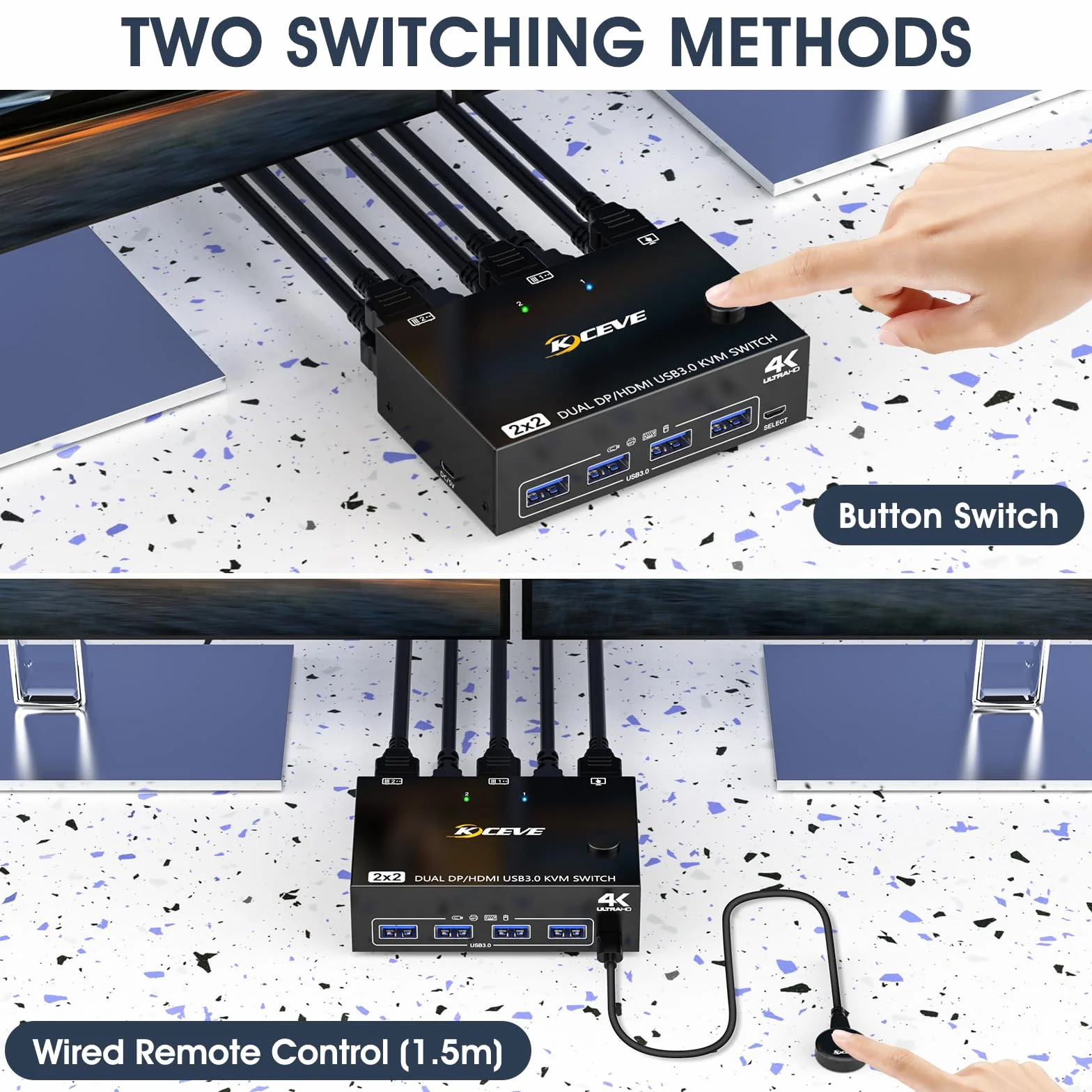 USB 3.0 HDMI + DisplayPort Switch KVM 2 PC 2 Monitor 4K@60Hz 2K@120Hz, MLEEDA KVM Switch Dual Monitor con 4 Porte USB 3.0 per Tastiera, Mouse, Dotato Telecomando Cablato e Cavi