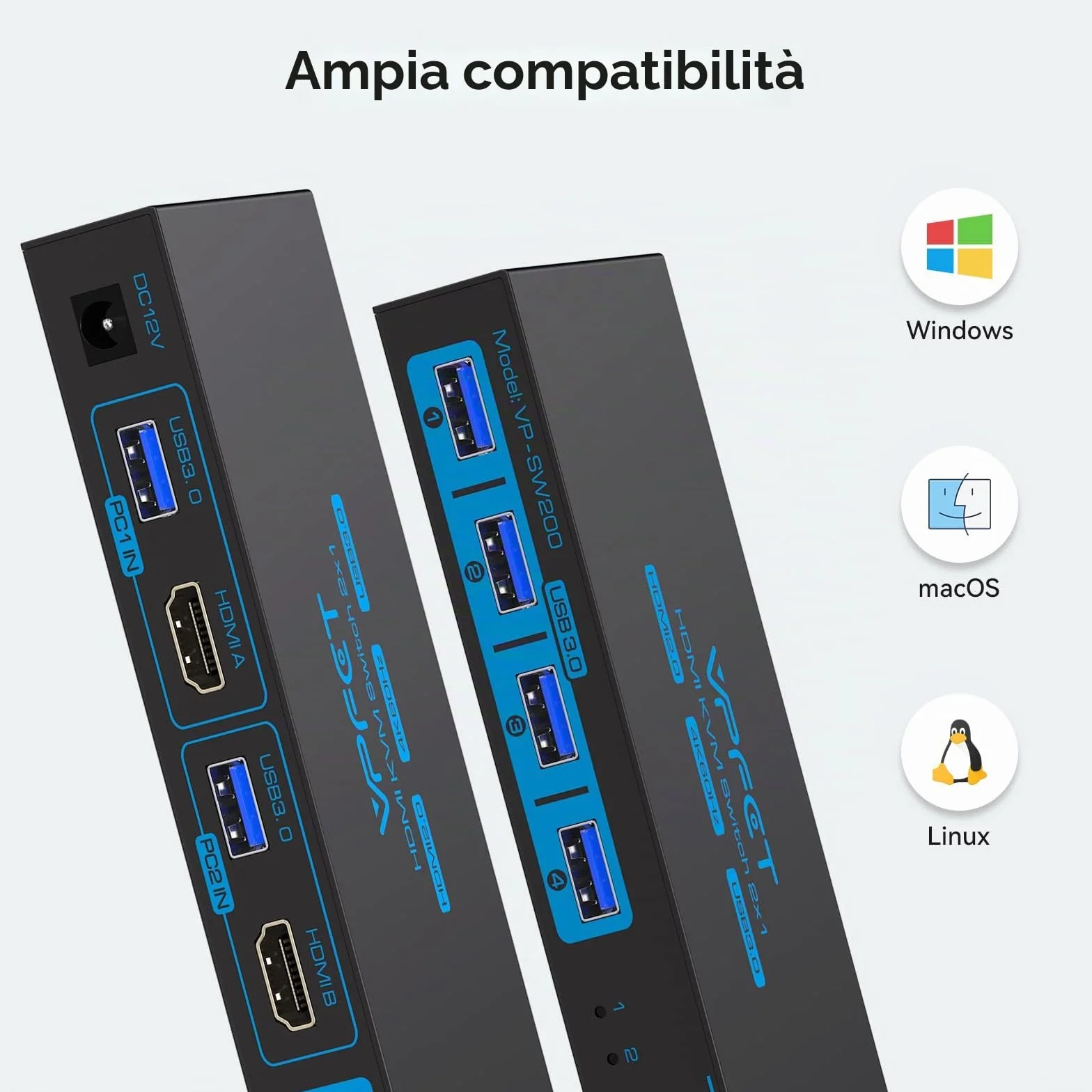 KVM Switch HDMI 2 PC 1 Monitor 4K@60Hz, USB 3.0 Commutatore KVM, Doppio PC Condividi 1 Schermi e 4 USB Tastiera, Mouse, Stampante, Chiavetta USB, Inclusi Alimentatore e Controller Desktop