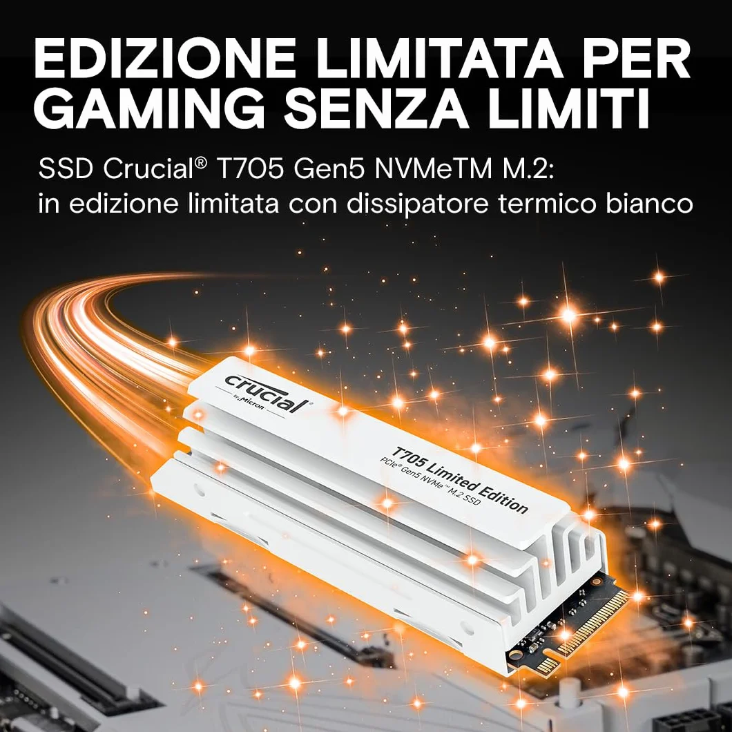 Crucial T705 SSD 2TB PCIe 5.0 x4 Gen5 NVMe M.2 con Dissipatore Bianco, Velocità fino a 14500 MB/s Lettura, 12700 MB/s in Scrittura, Per PC desktop, TLC NAND, Hard Disk Interno - CT2000T705SSD5A