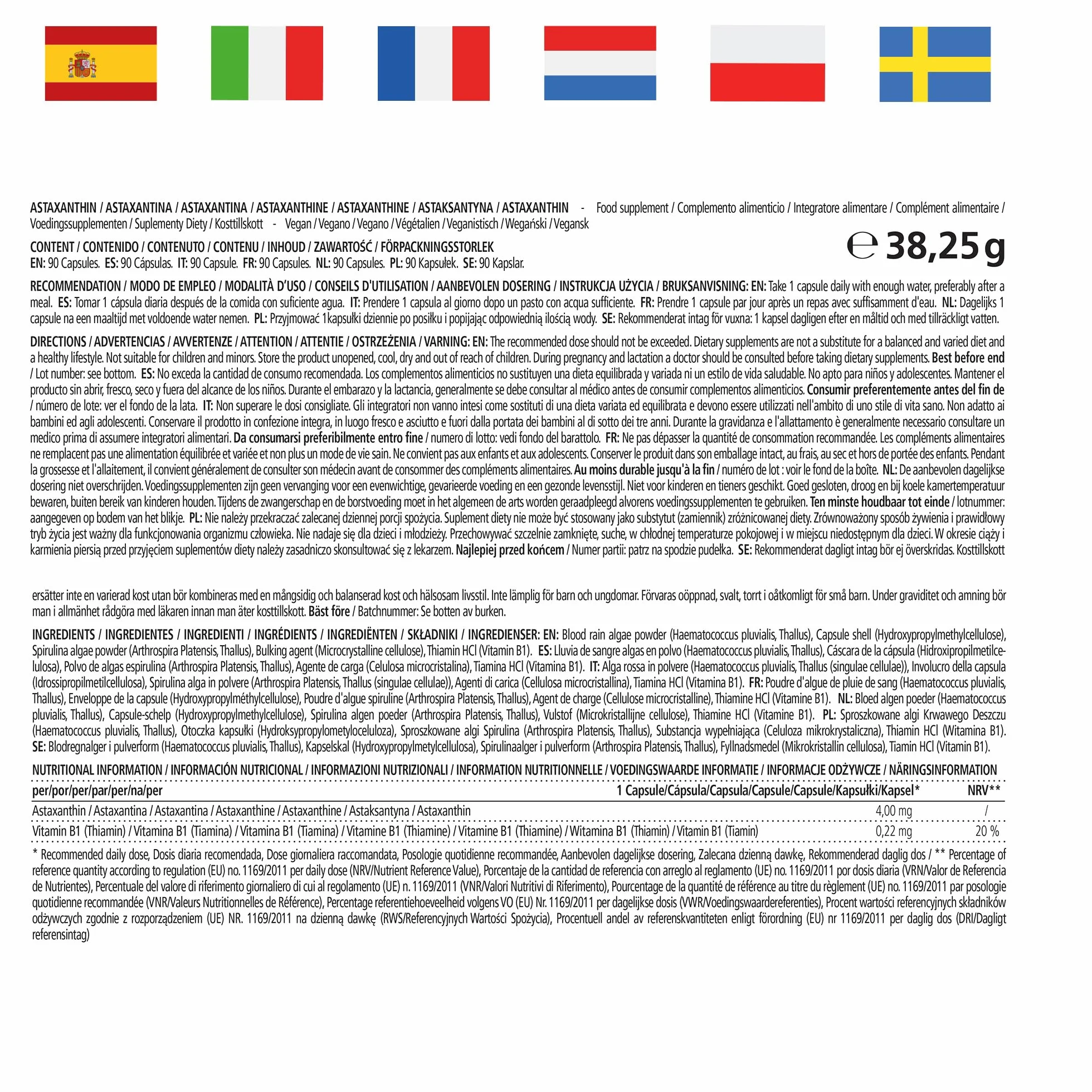 Vitamaze Astaxantina Capsule 90 ad Alto Dosaggio 4 mg Pura Naturale Integratore Alimentare Vegan