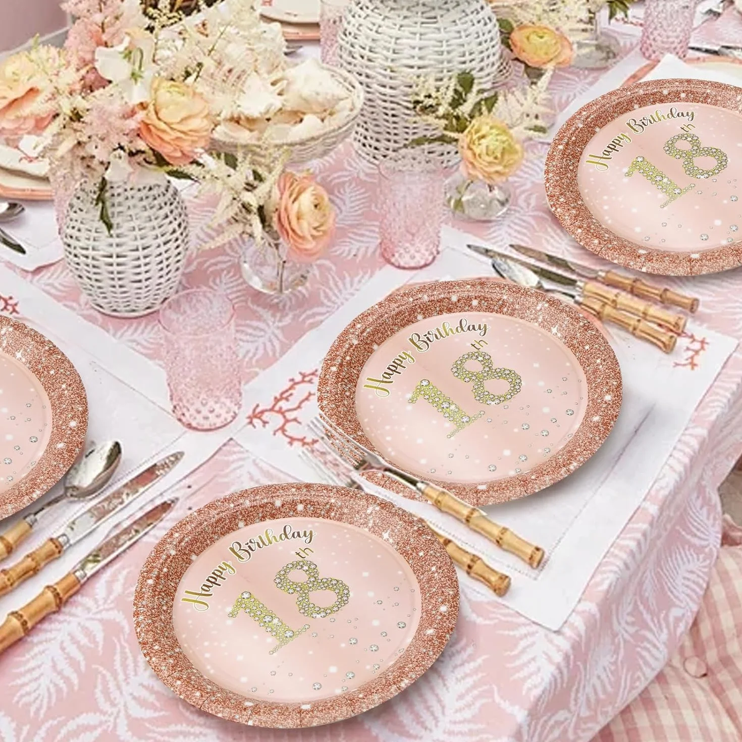 Decorazione 18° Compleanno, 16 Piatti di Carta 18 cm e 20 Tovaglioli 16,5 cm Rosa