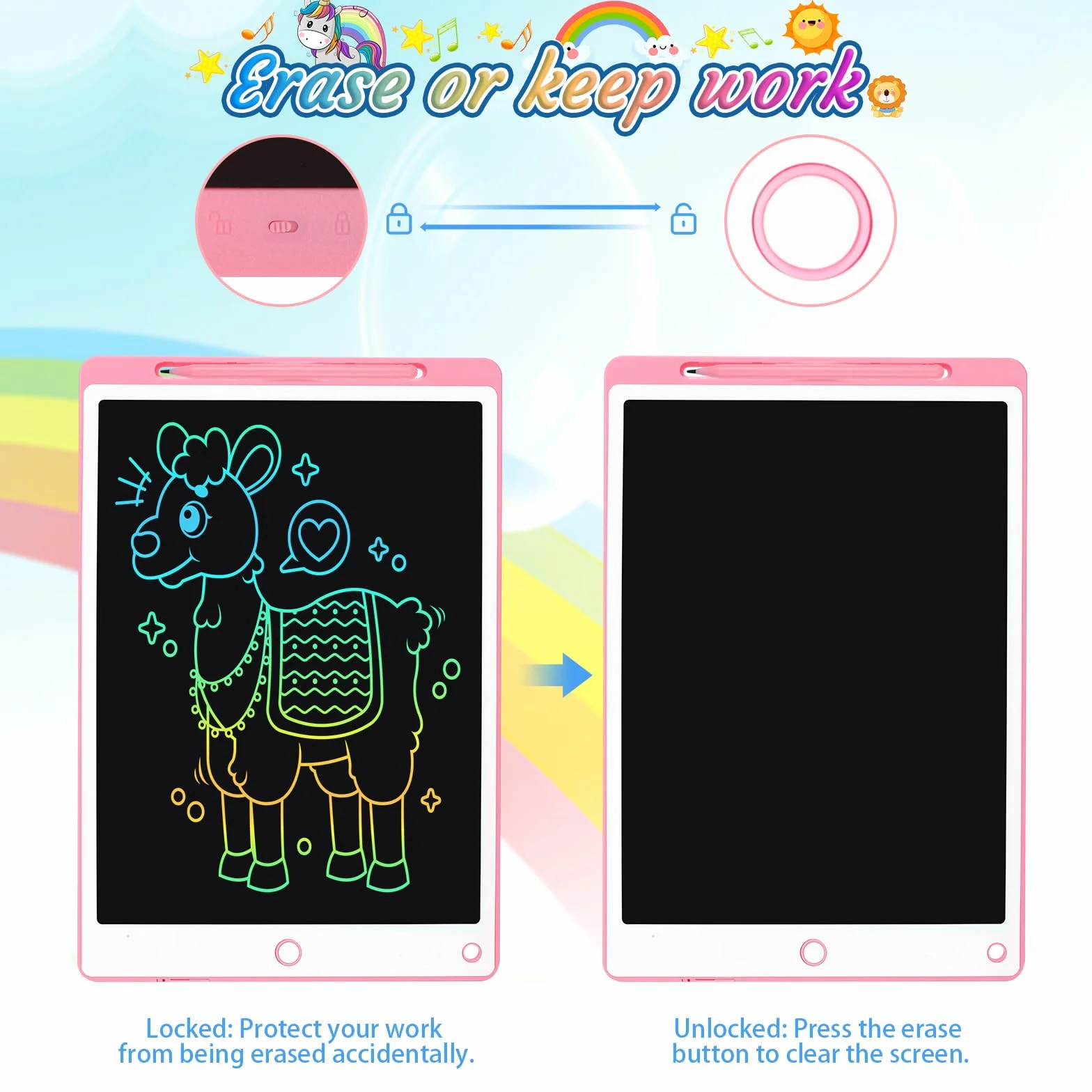 Tavoletta Grafica LCD 10.5 Pollici per Bambini con Pulsante Elimina e Blocco, Rosa