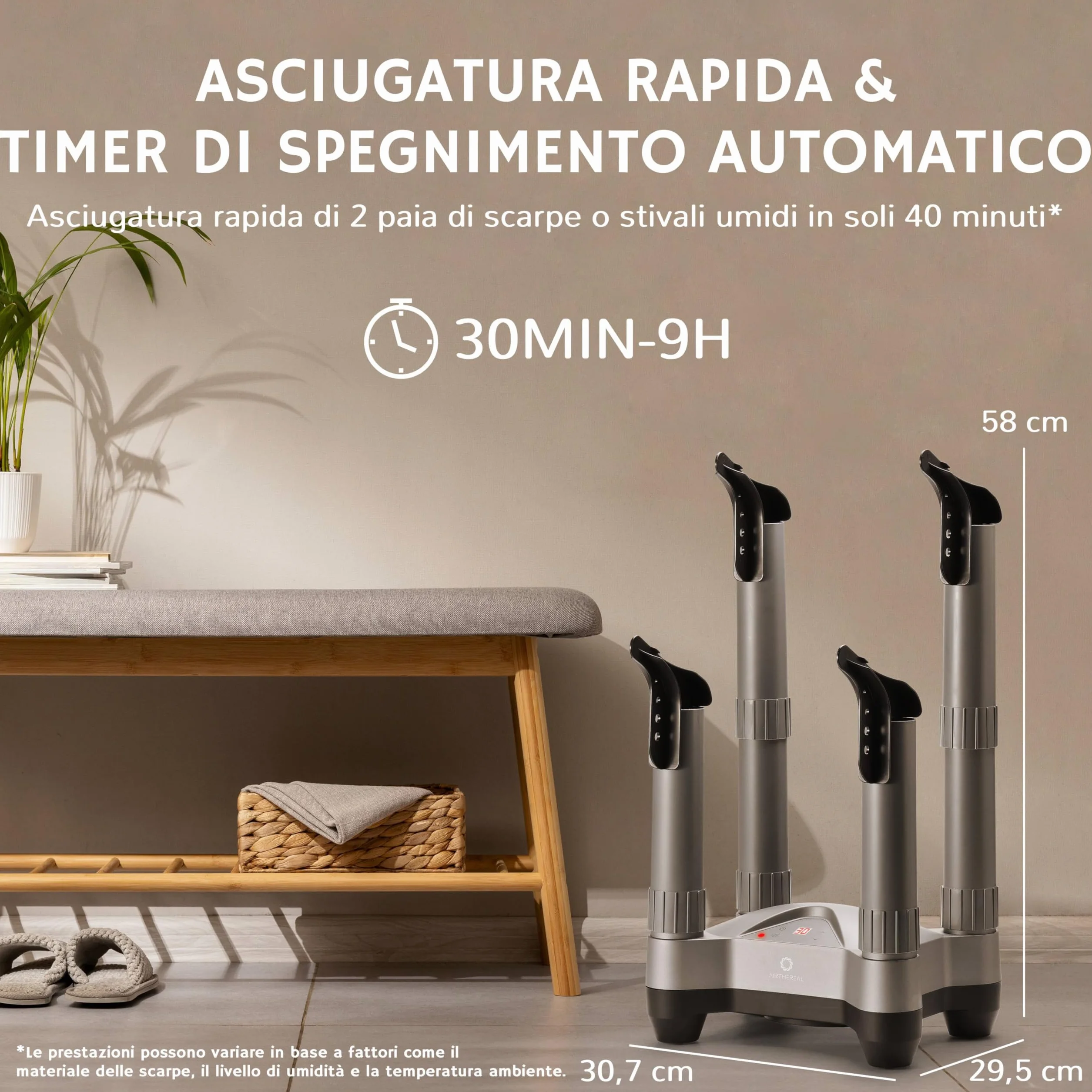 AIRTHEREAL SD20 Asciugascarpe Elettrico 110W con Timer e Ozono, Asciugatore Portatile per 2 Paia di Scarpe, Grigio