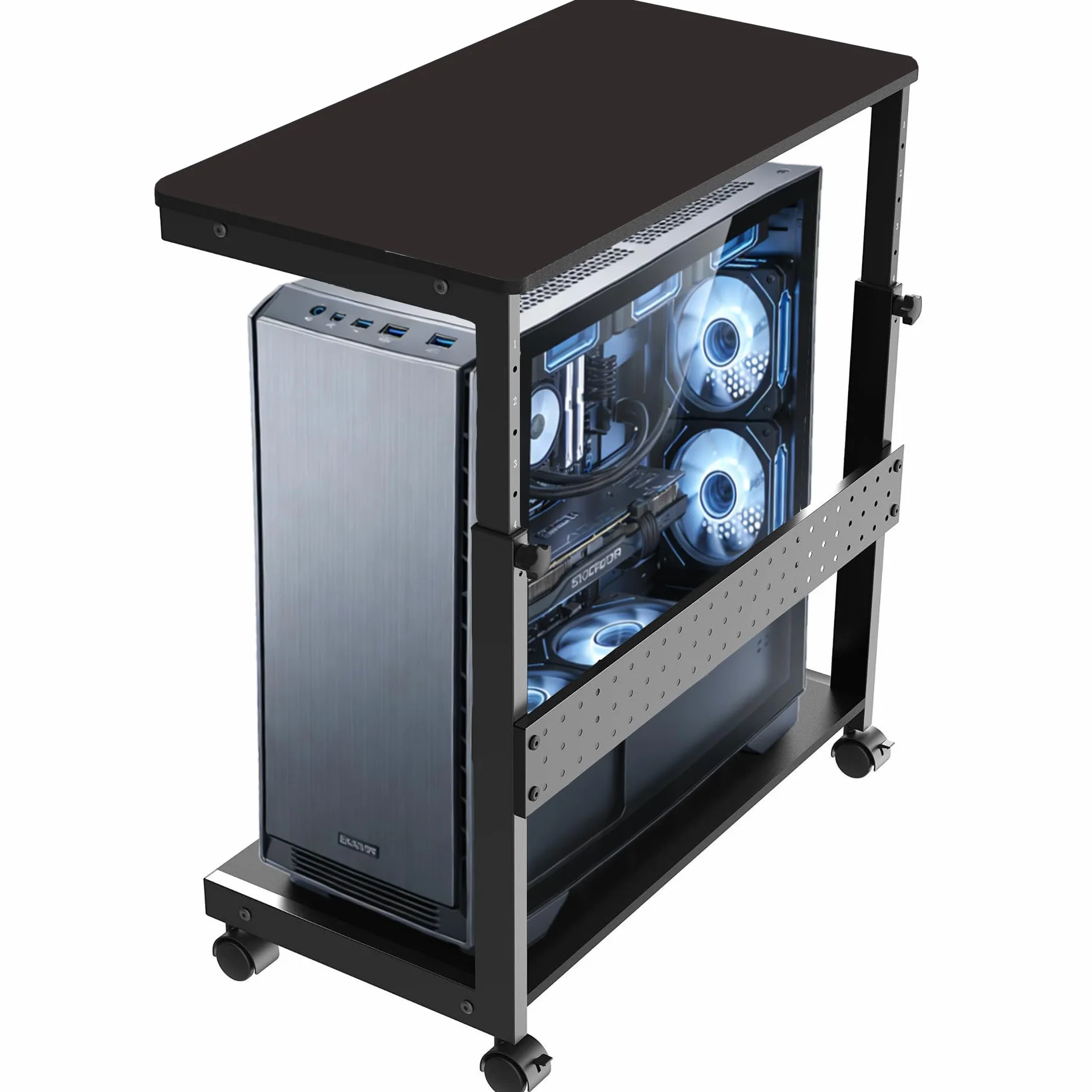 Supporto per Torre PC Regolabile in Altezza, Supporto per Computer con Ruote 360°, Supporto per PC sotto Scrivania in Metallo, Supporto per Torre PC per Tutti i Cassetti, Tavolo Mobile da Appoggio per