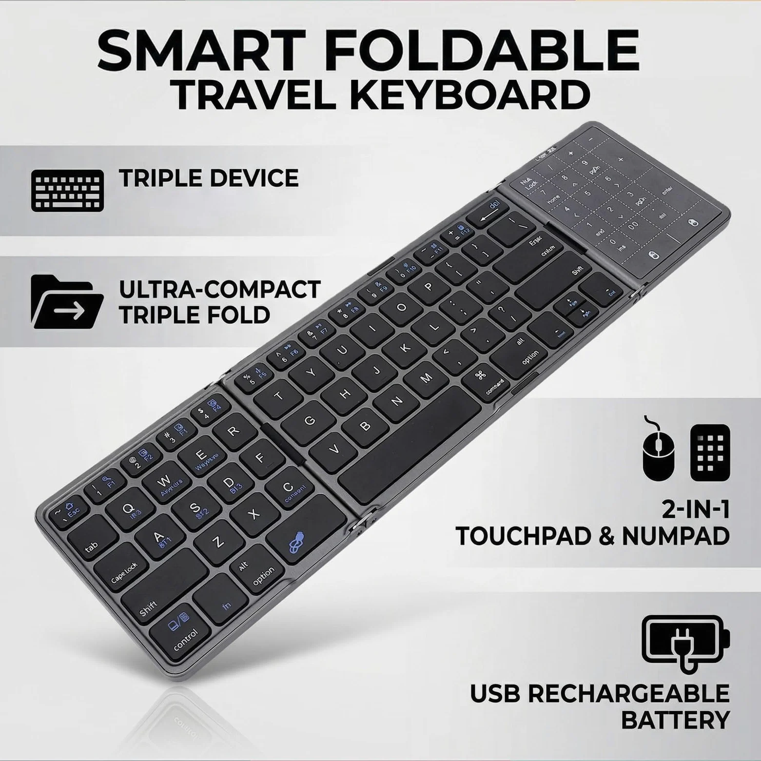 VBESTLIFE Tastiera Pieghevole, Tastiera Portatile Wireless Bluetooth 5.3 con Trackpad Multitouch e Tastierino Numerico, per Smartphone Tablet Laptop PC
