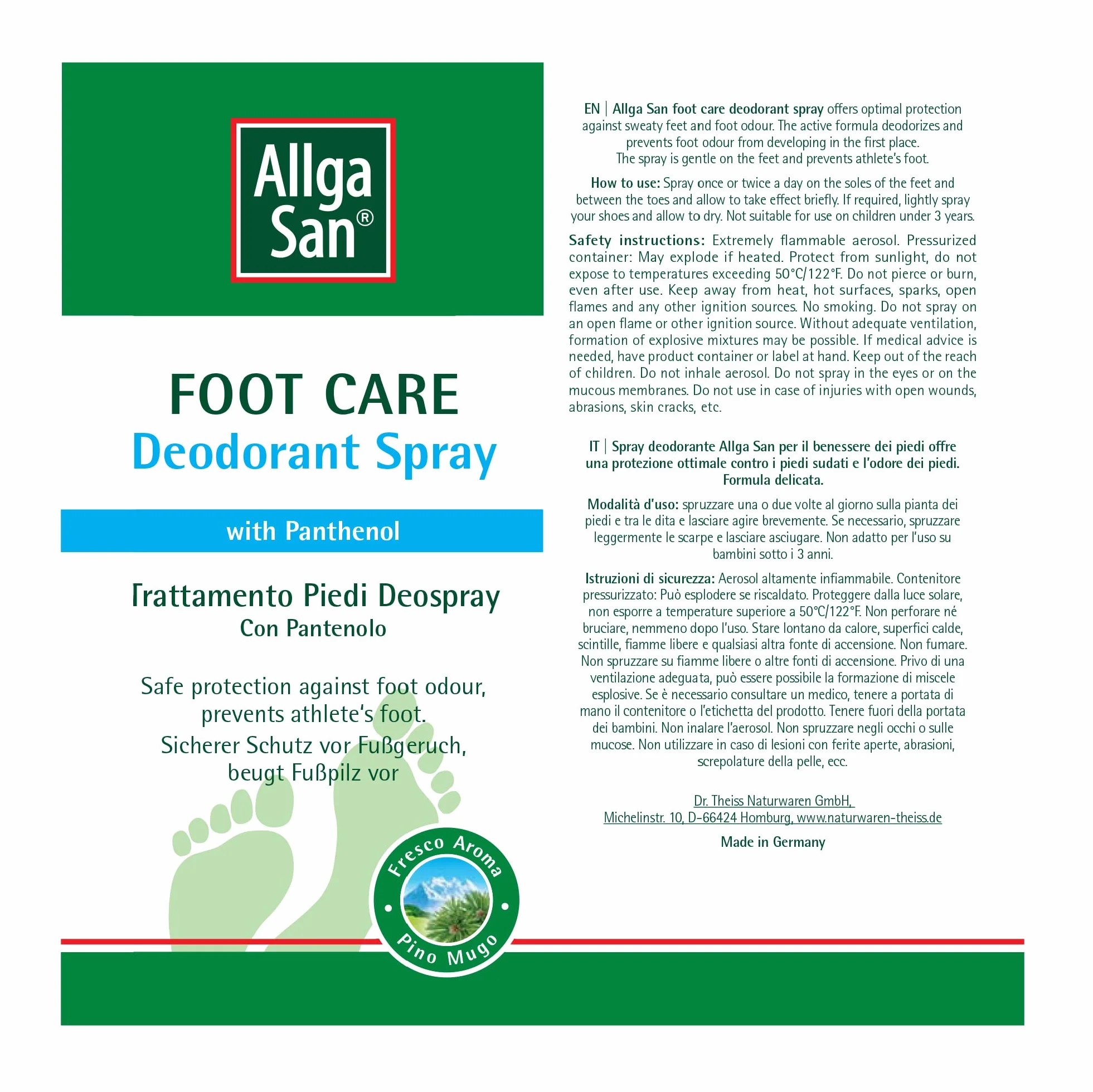 Allga San Deospray Deodorante Scarpe Spray Antiodore 100 ml Trattamento al Pino Mugo per Piedi Freschi e Asciutti