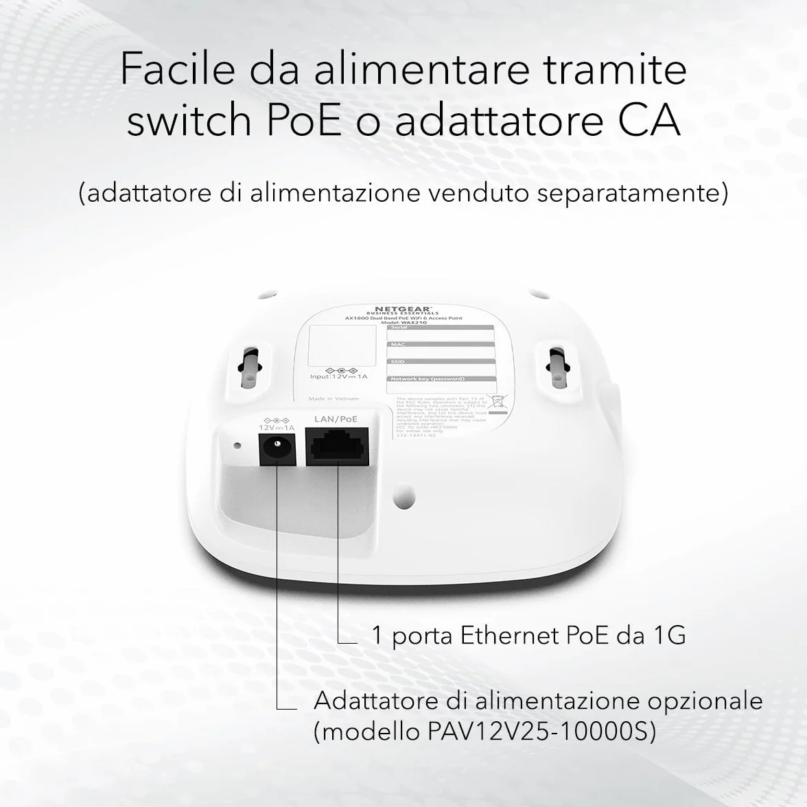 NETGEAR WAX210 Wireless Access Point – WiFi 6 Dual Band, Unifi, PoE, AX1800 Velocità