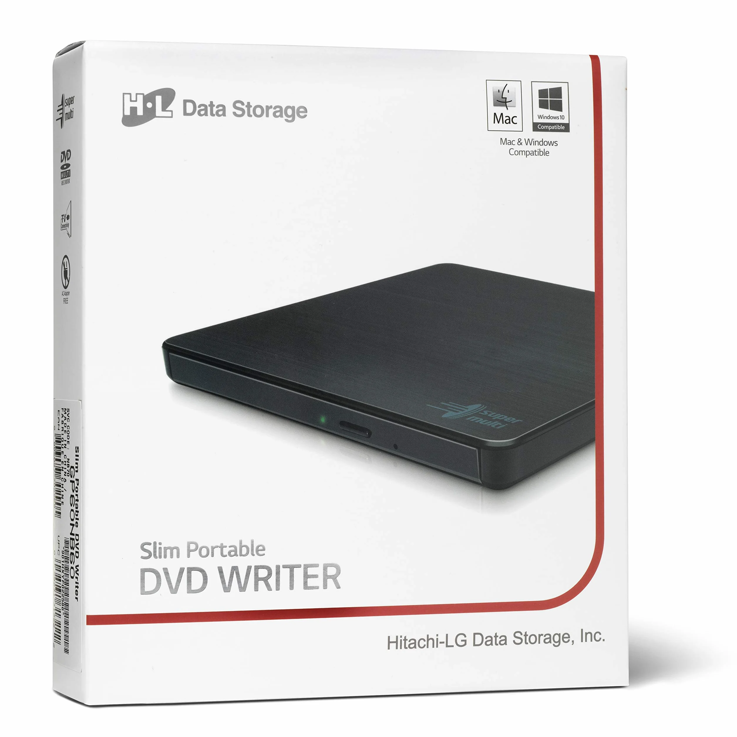 Hitachi-LG GP60 External DVD Drive, Slim Portable DVD Burner/Writer/Player for Laptop, Windows and Mac OS Compatible, USB 2.0, 8x Read/Write Speed - Black