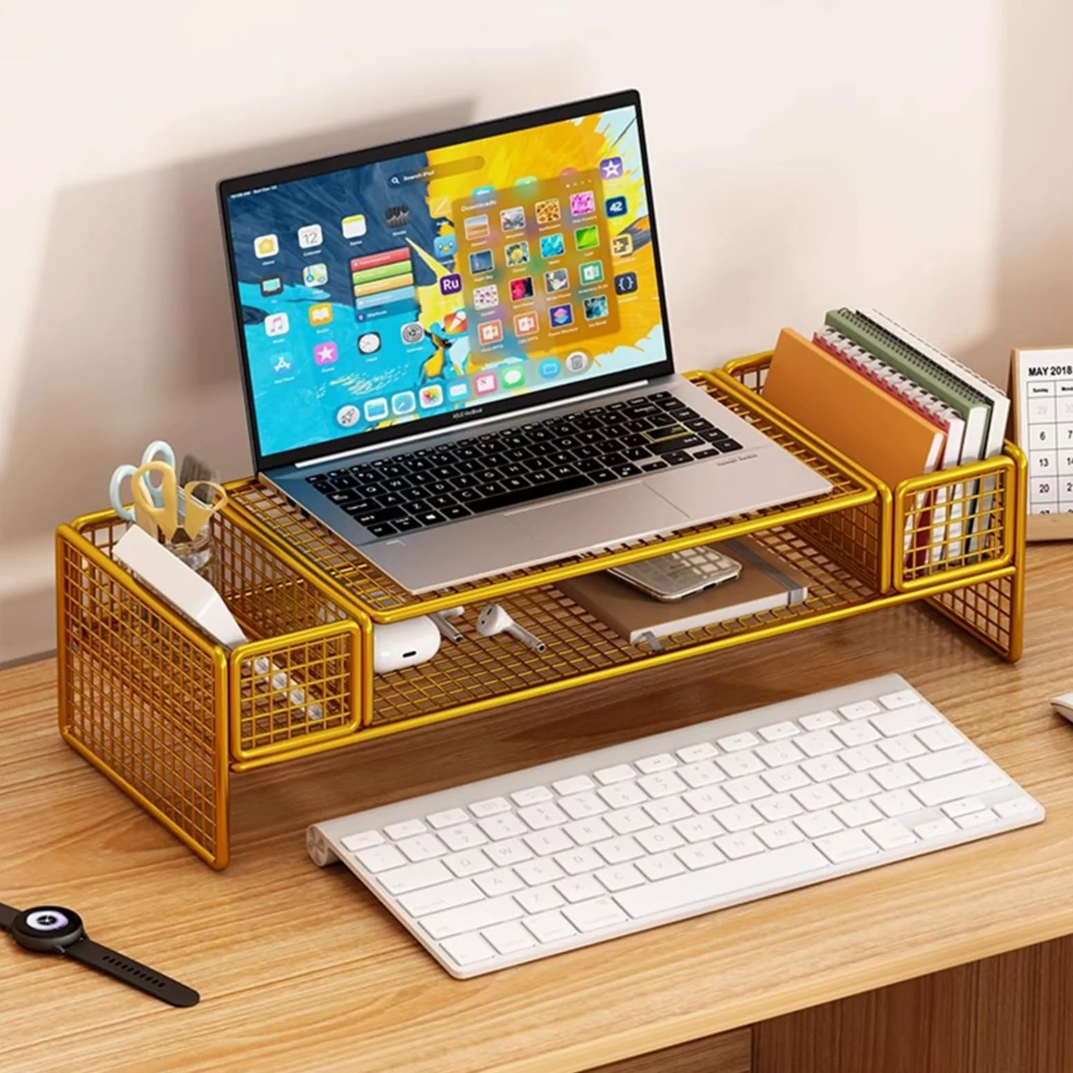 Supporto per Monitor in Rete Metallica con Spazio di archiviazione - Rialzo a 2 Livelli per PC/Laptop/Stampante - Organizzatore da scrivania e Supporto multimediale per casa e Ufficio - Migl