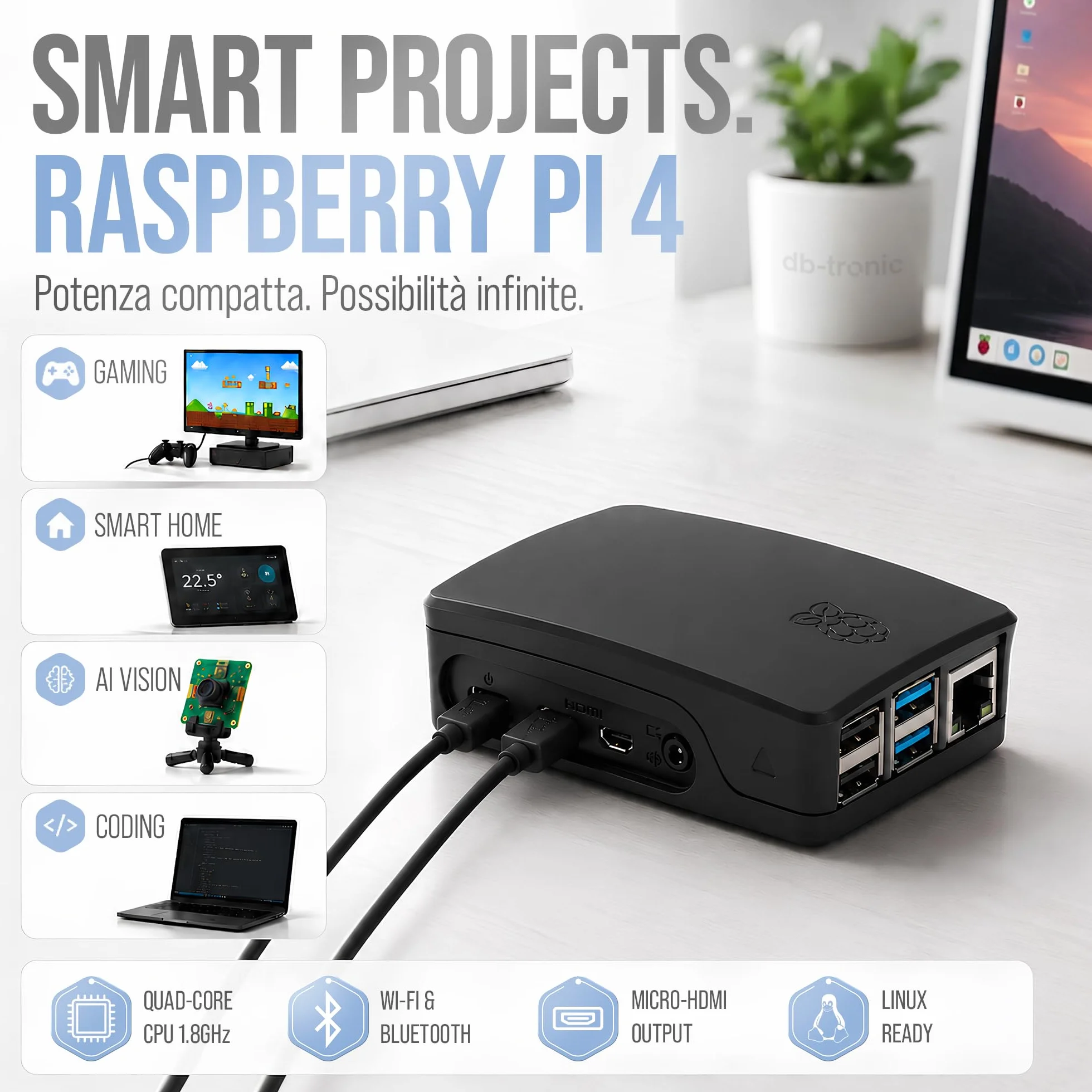 Raspberry Pi 4 4 GB Starter Kit 64 GB Nero Alimentatore 15 W Micro HDMI 4K Dissipatori Home Assistant Smart Home