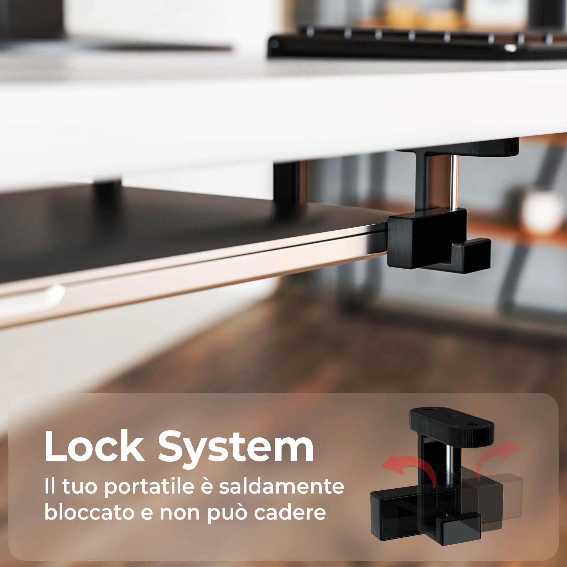 Mobilefox Supporto per mensola per laptop, sotto scrivania, con protezione anticaduta per notebook MacBook 0-35 mm (nero)