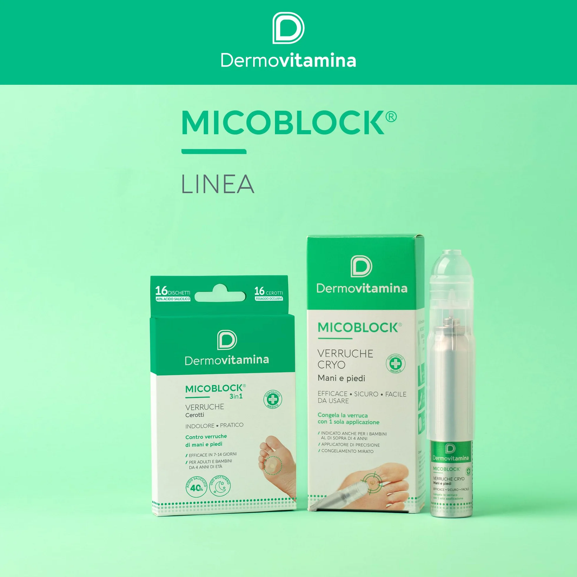 Dermovitamina Micoblock 3in1 Cerotti Verruche Acido Salicilico Mani e Piedi Confezione 16+16