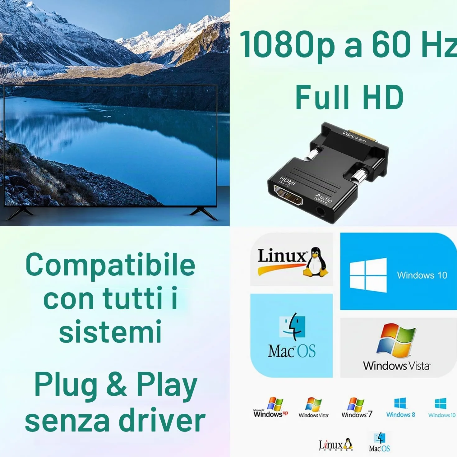 Adattatore HDMI a VGA Con Cavo Audio da 3,5 Mm, SZJUNXIAO1080P 60Hz Convertitore hdmi Femmina a vga Maschio Compatibile Con Computer Portatile per Monitor Proiettore TV