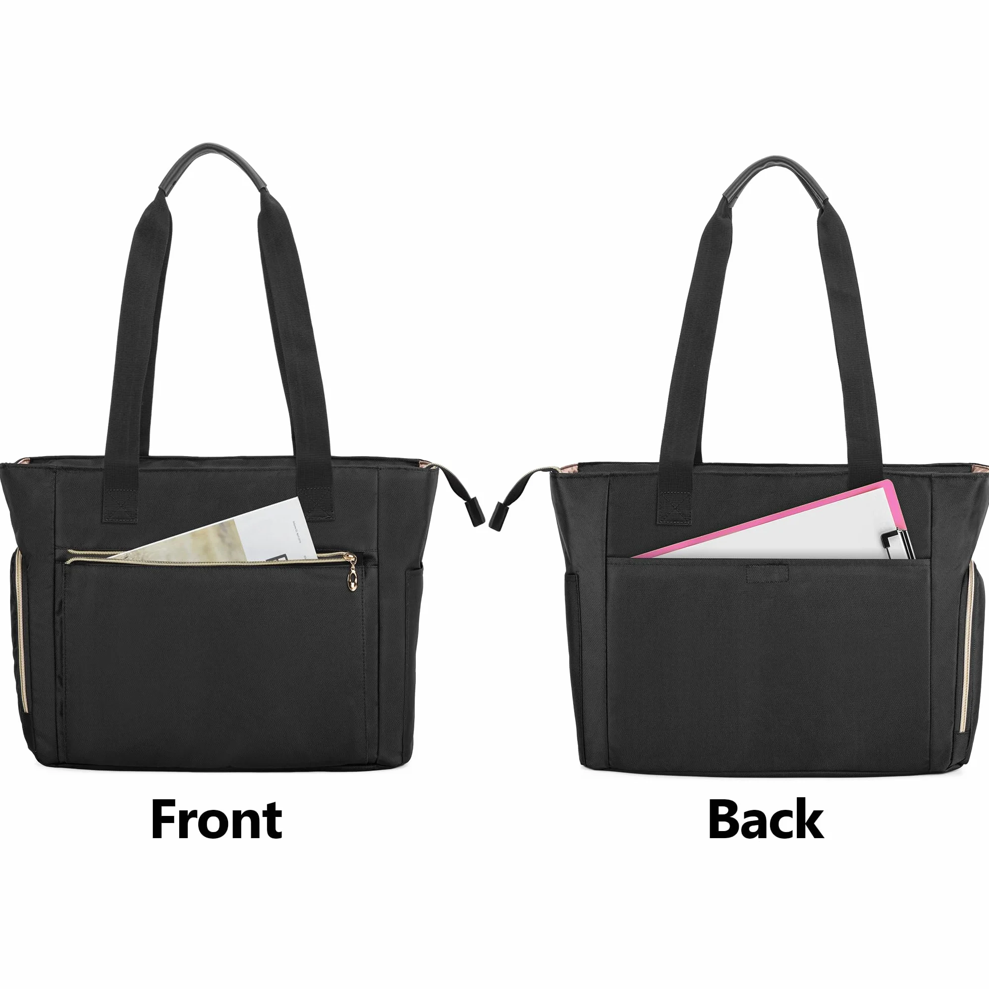 CURMIO Tote per Insegnante da Donna, Borsa da Lavoro Portatile con Custodia Imbottita e Scomparti per Laptop, Materiale Scolastico, Solo Borsa, Nero.