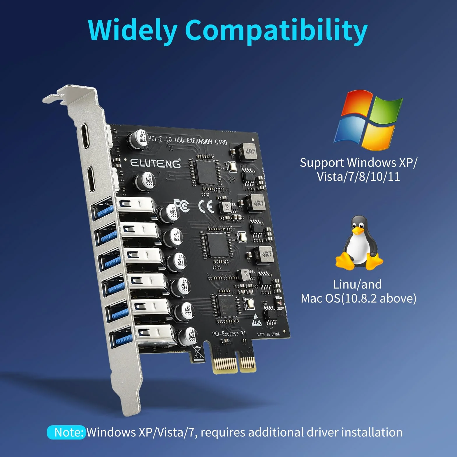 ELUTENG Scheda PCIe a USB 3.2 Gen 2 con 5 Gbps 8 Porte (2 Tipo C + 6 x Tipo A) Scheda di Espansione, Convertitore Interno USB3 Scheda PCI Express per PC Desktop, per Windows 11/10/8.1/8/7/XP/Vista