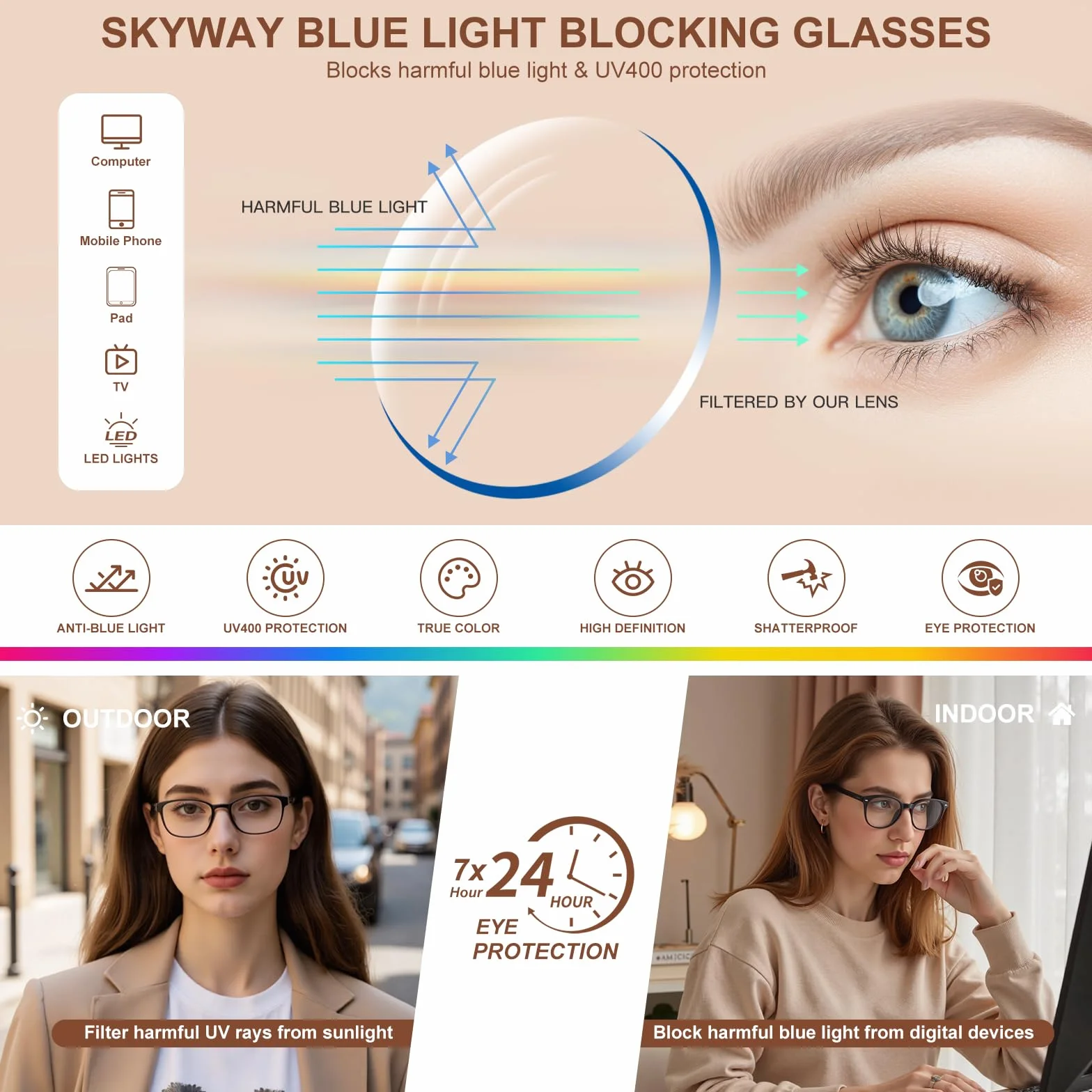 SKYWAY Occhiali Luce Blu da Aviatore Retrò per Donna Uomo, Occhiali per Computer Classici Quadrati Filtro Luce Blu
