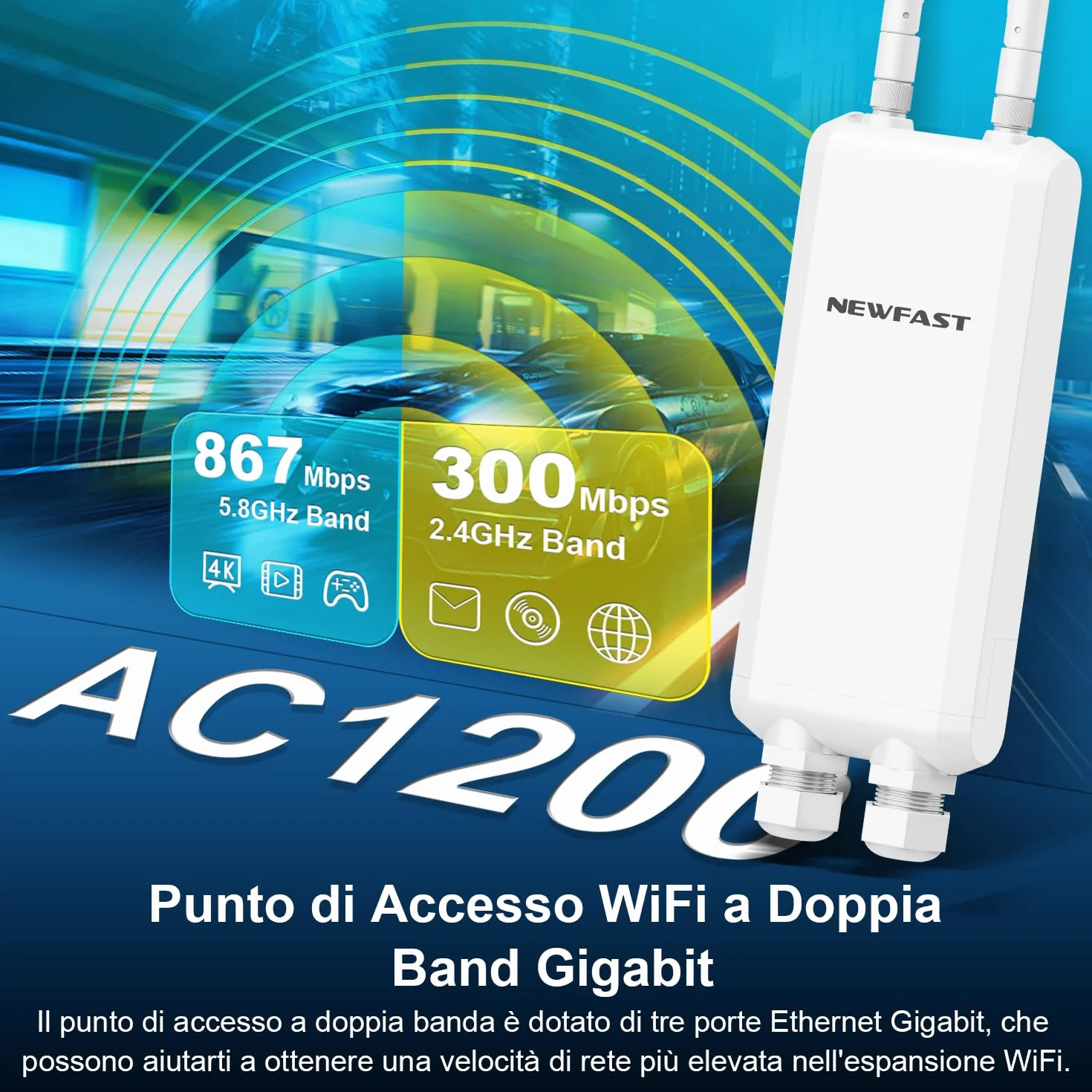 NEWFAST Ripetitore WiFi Esterno, 1200Mbps Access Point Esterno Dual Band Extender WiFi Potente con 48V PoE Power, 3*Gigabit Porta Ethernet, 2 Antenne