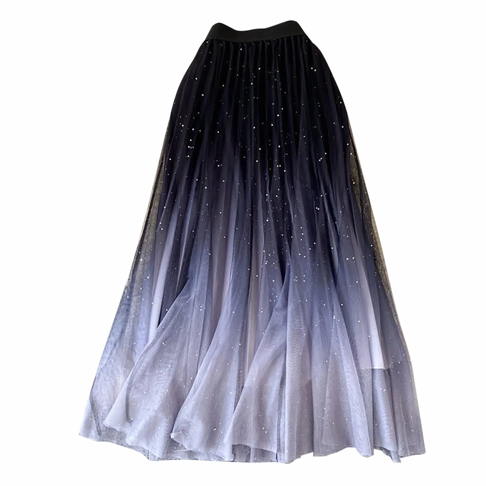 Gonne Invernali Donna Plissettata in Rete con Sfumatura Colore Cielo Stellato A Vita Alta Paillettes