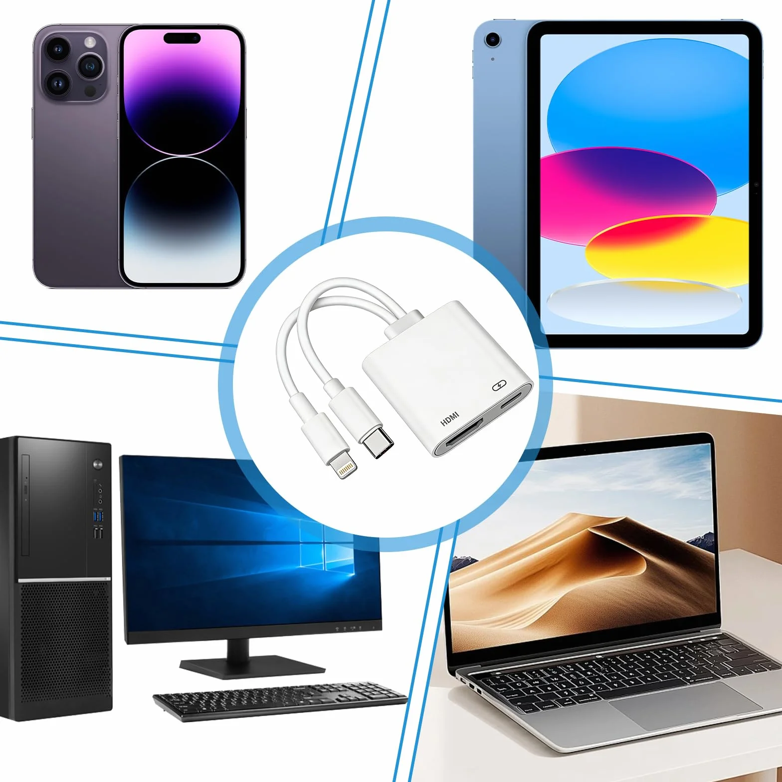 Adattatore USB C HDMI, adattatore da USB C e Lightning a HDMI digitale AV con 4K 60Hz, porta di ricarica, convertitore video audio sincronizzatore, compatibile con iPhone, iPad, MacBook per TV/Monitor