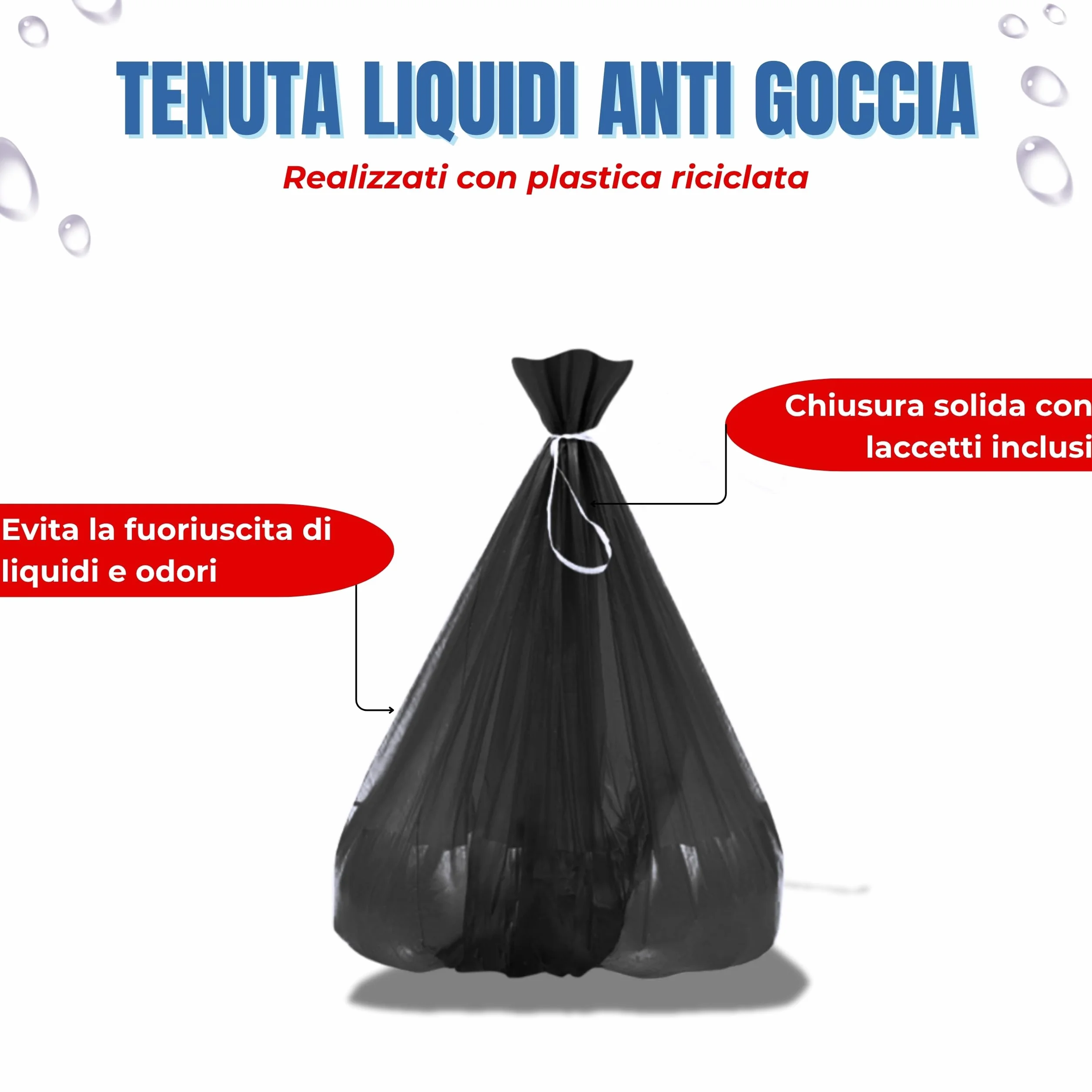 Bottari Sacchi Immondizia 30L 50x60 cm con Laccetti di Chiusura, Nero, 3 Rotoli da 20 Pezzi