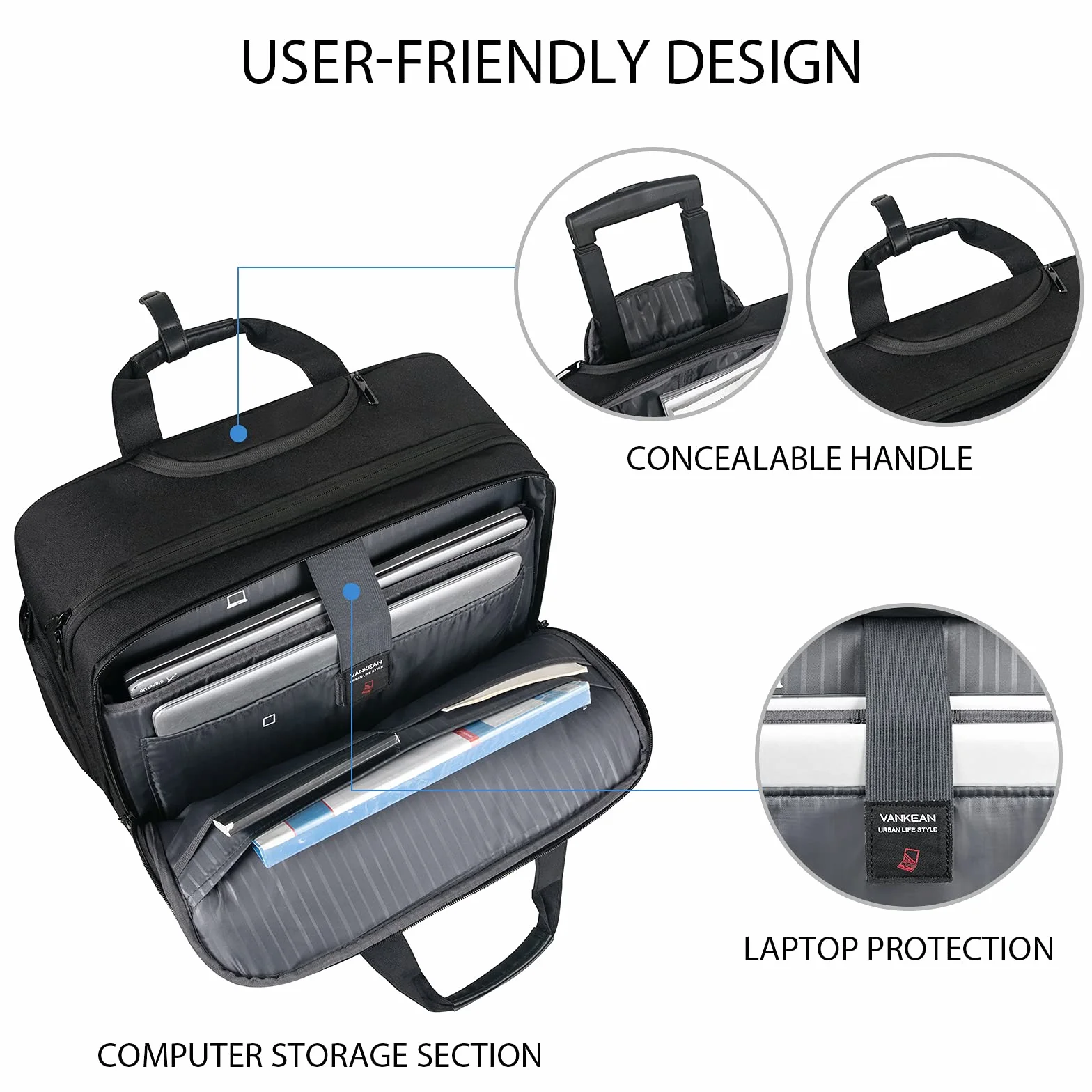 VANKEAN Borsa per computer portatile 17,3 pollici impermeabile valigetta da trasporto nera