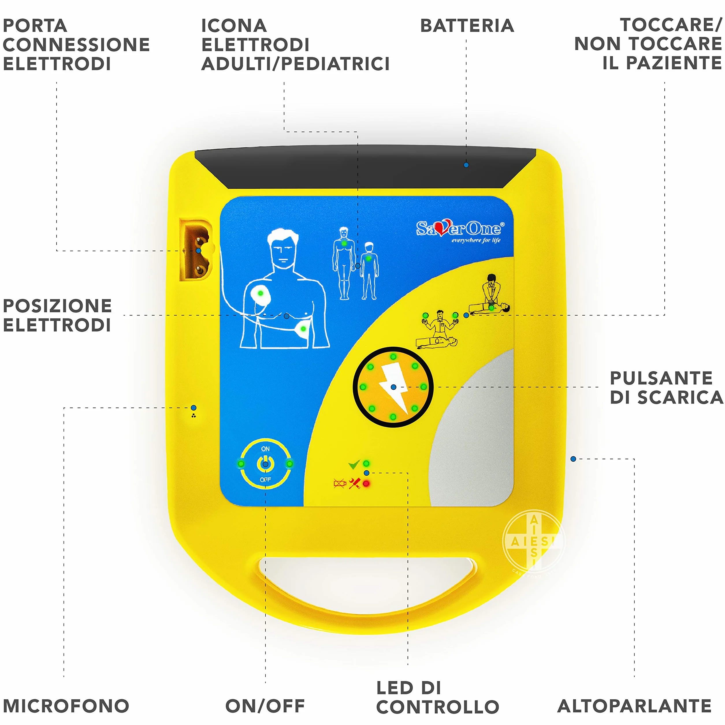 AMI ITALIA® Defibrillatore semiautomatico SAVER ONE z baterią nieladowalną i parą elektrod dla dorosłych, Gwarancja 6 lat, Made in Italy