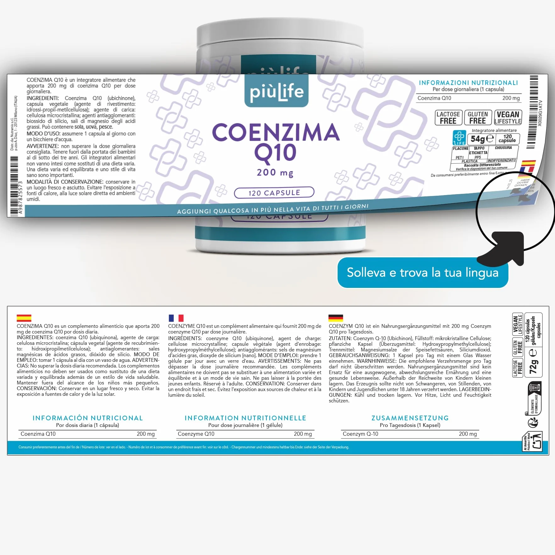 PiùLife Coenzima Q10 200mg 120 Capsule CoQ10 Ubiquinone Antiossidante Integratore Energia