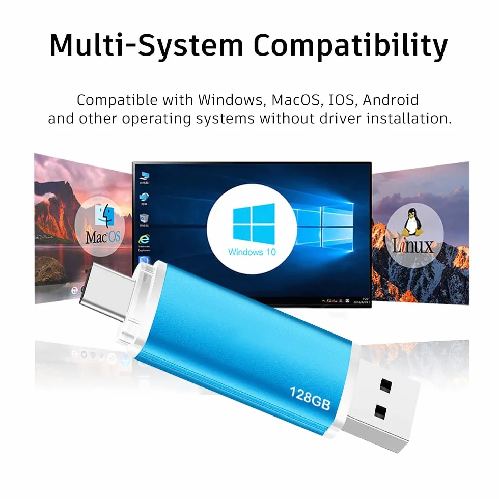 Chiavetta USB C 128 GB 2.0 Pen Drive OTG per Smartphone Laptop Tablet PC Blu