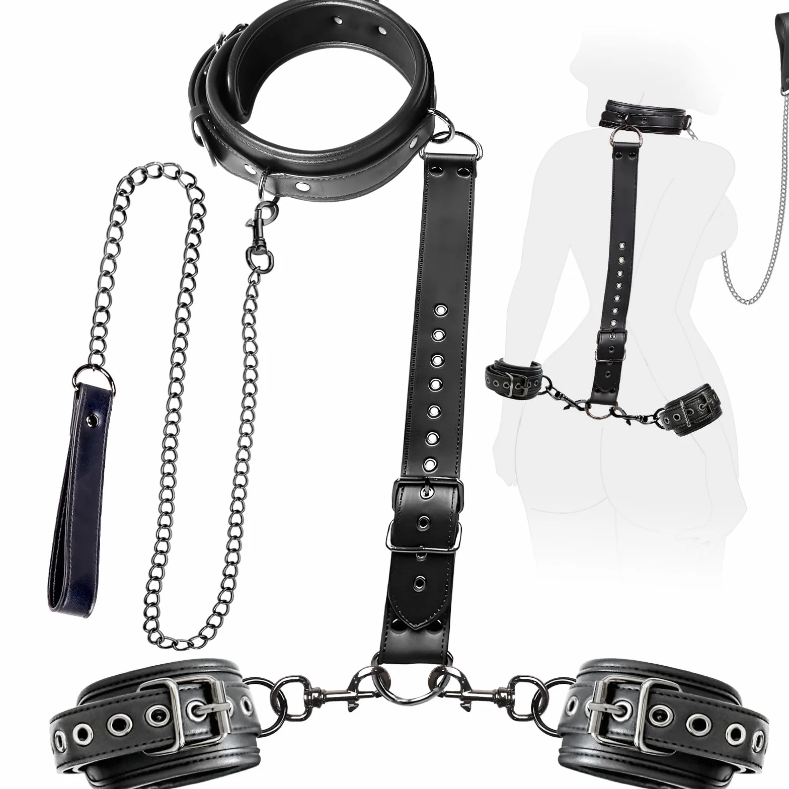BDSM bondage set con manette in pelle