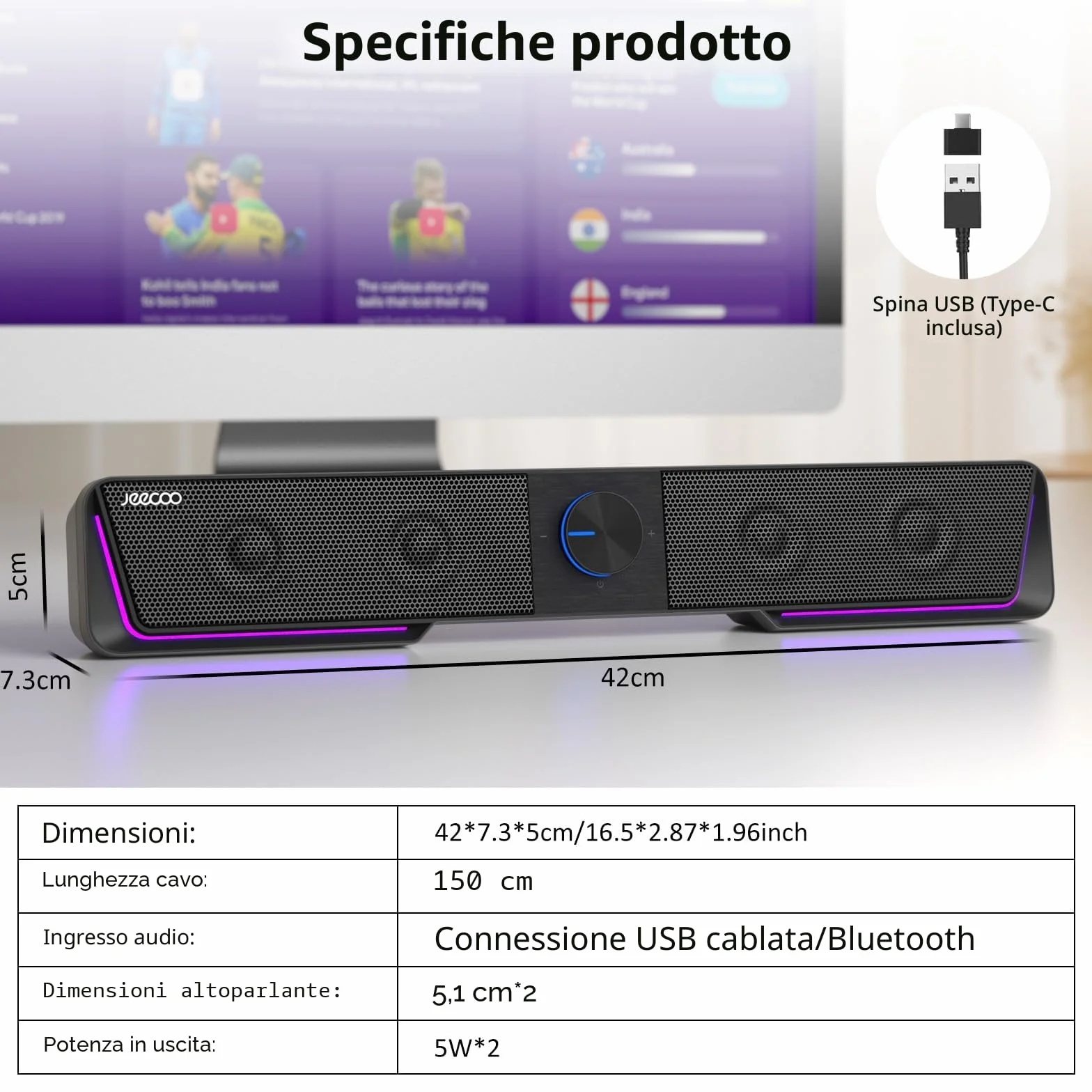 Jeecoo A40 Altoparlante per Computer 2.0 USB Casse PC Stereo Sound Bluetooth Giochi