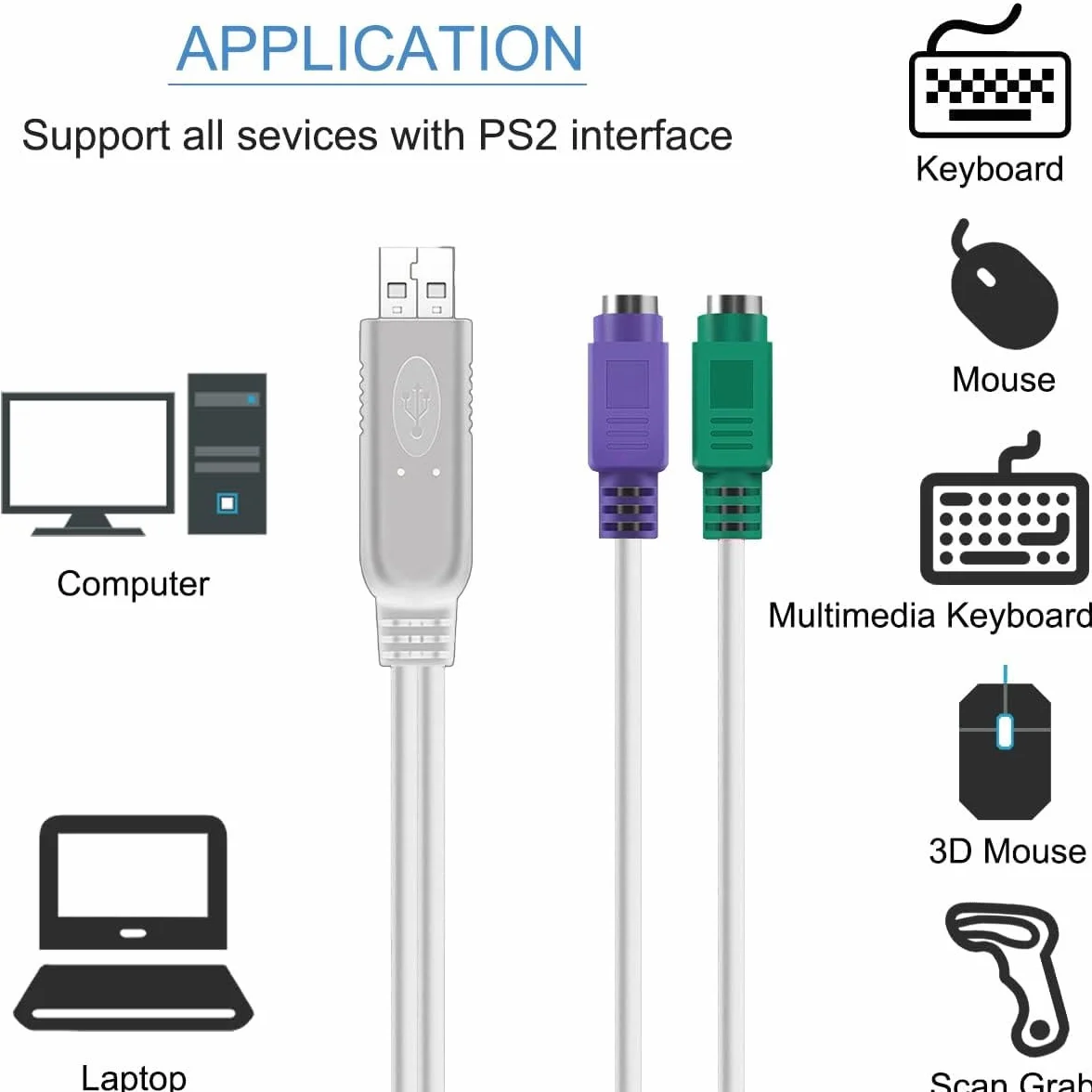 TECHZOCO PS2 - Cavo convertitore USB, adattatore tastiera e mouse, interruttore KVM, compatibile con Windows e Linux, 15 cm, nero