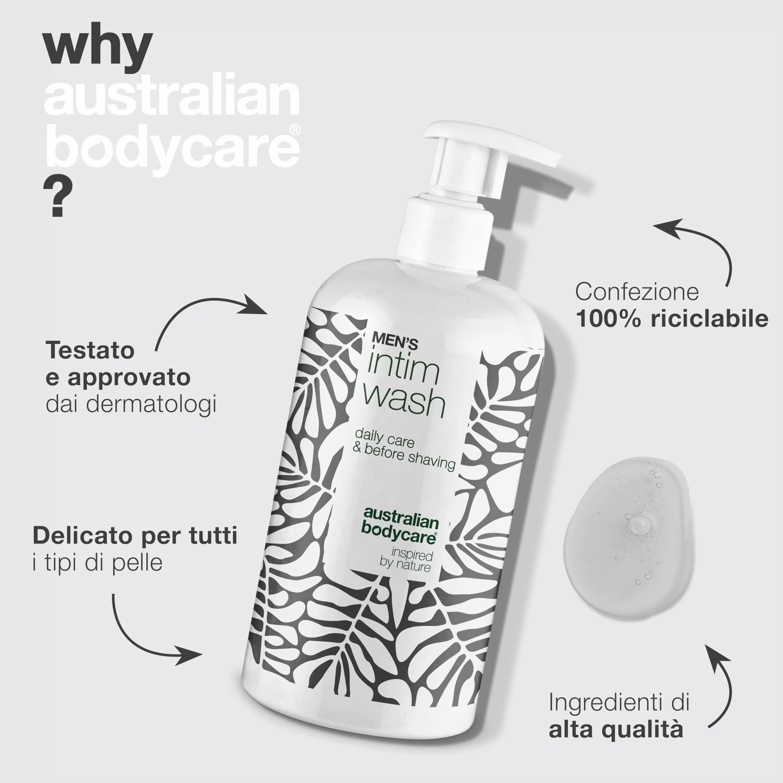 Gel detergente intimo per uomini 500ml contro irritazioni prurito odori con 4-terpineolo olio di tè e glicerina