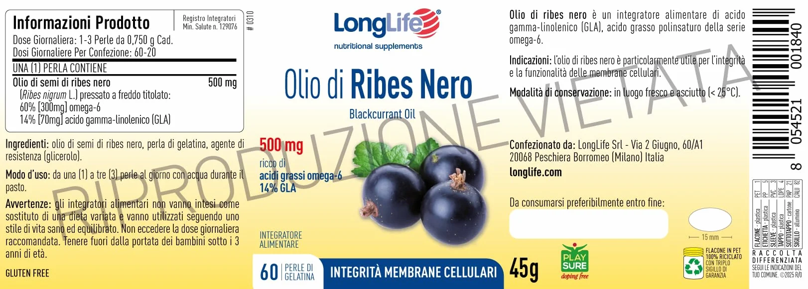 LongLife Olio di Ribes Nero Integratore ricco di omega-6 14% GLA 2 mesi Senza glutine