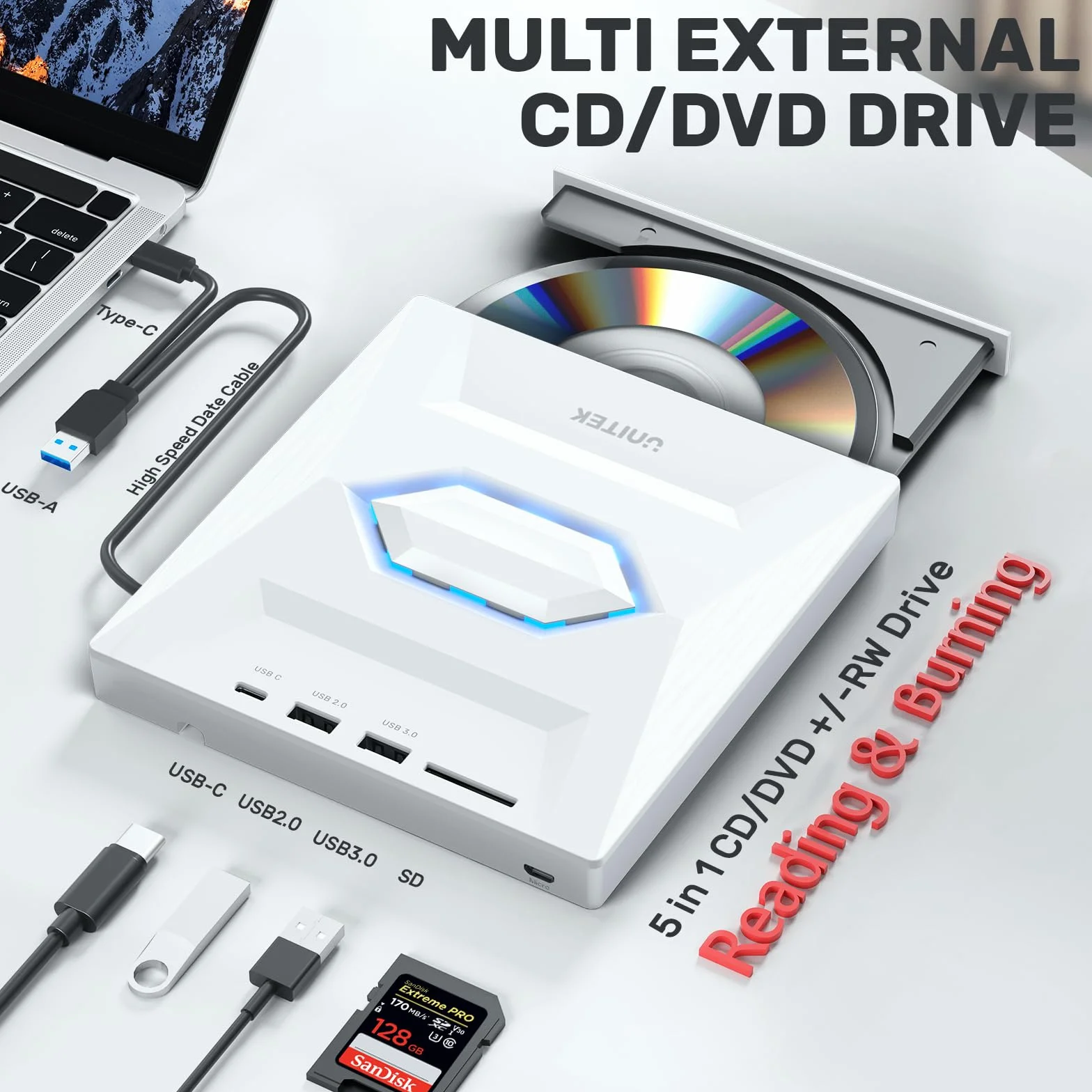 UNITEK Unità CD DVD esterna USB C portatile: lettore CD/DVD +/-RW, hub USB 3.0/2.0/C, slot schede SD, compatibile con Windows, Linux, MacOS, per laptop e desktop