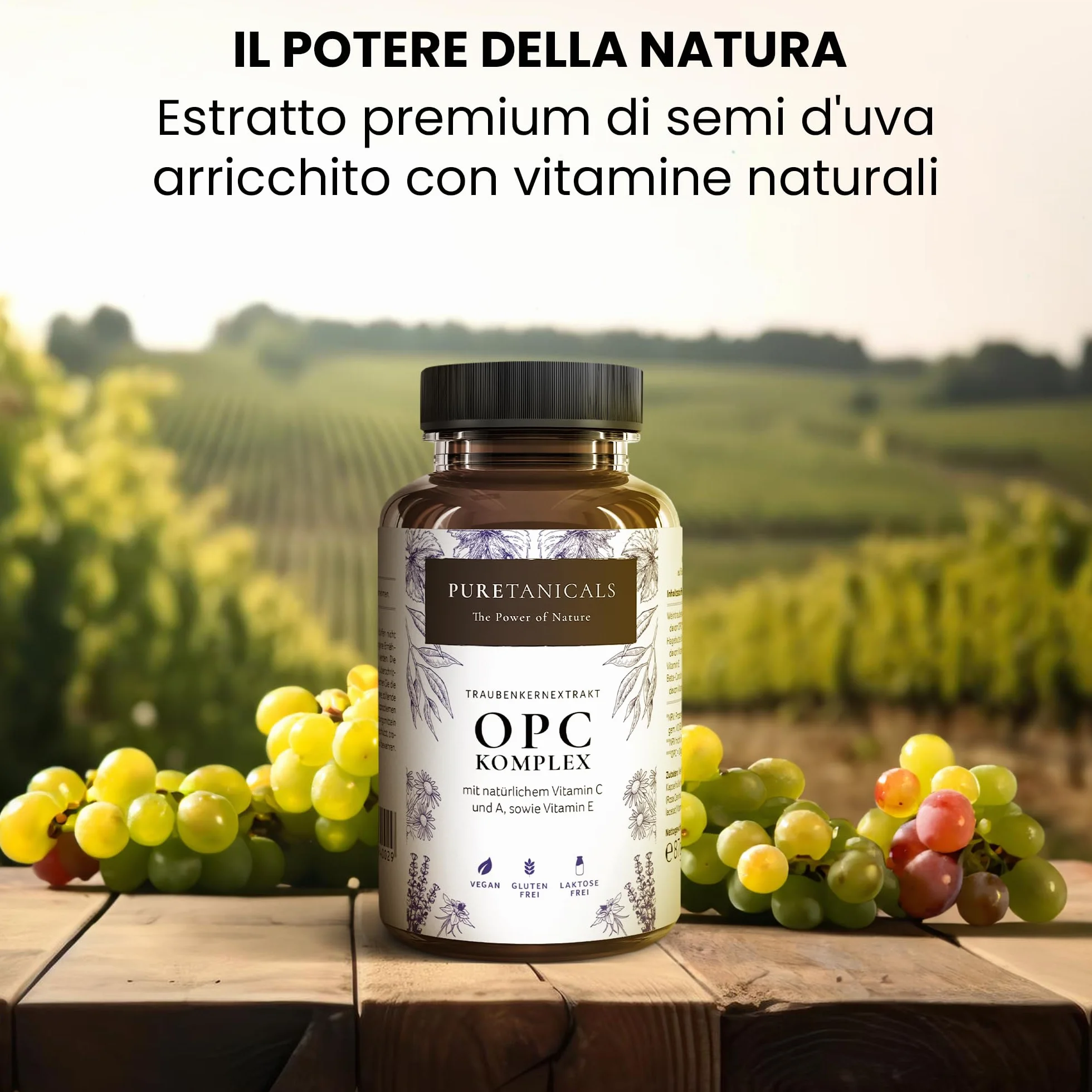 Capsule Estratto di Semi D'uva OPC + Vitamina C, A naturale & E | Complesso Antiossidante 530mg | Vegan