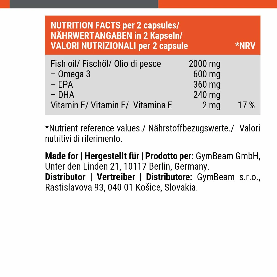GymBeam Omega 3 Olio di Pesce Capsule, Integratore di Acidi Grassi Insaturi con EPA e DHA, 240 cps