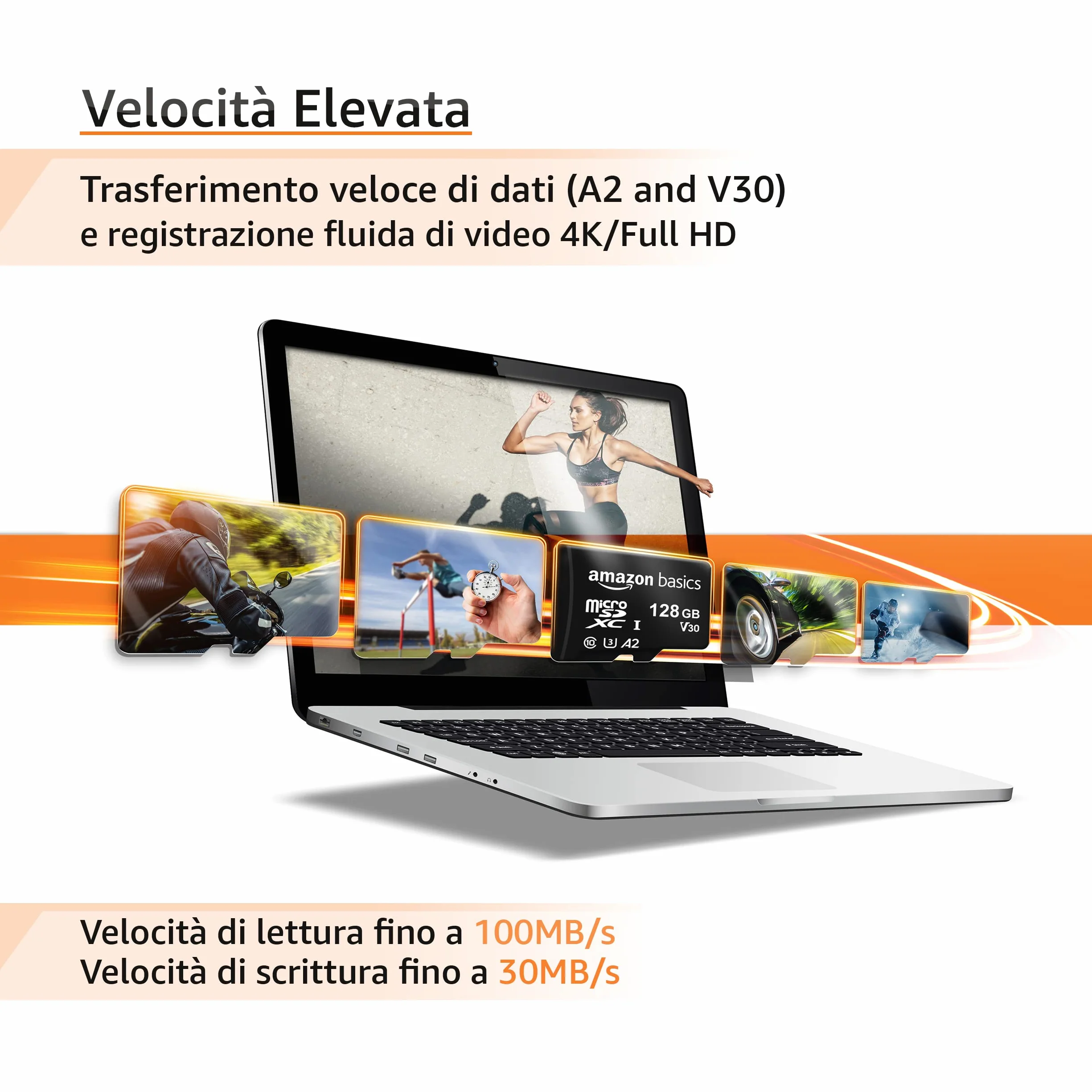 Amazon Basics Scheda di Memoria microSDXC 128GB A2 U3 100MB/s con Adattatore SD Nero