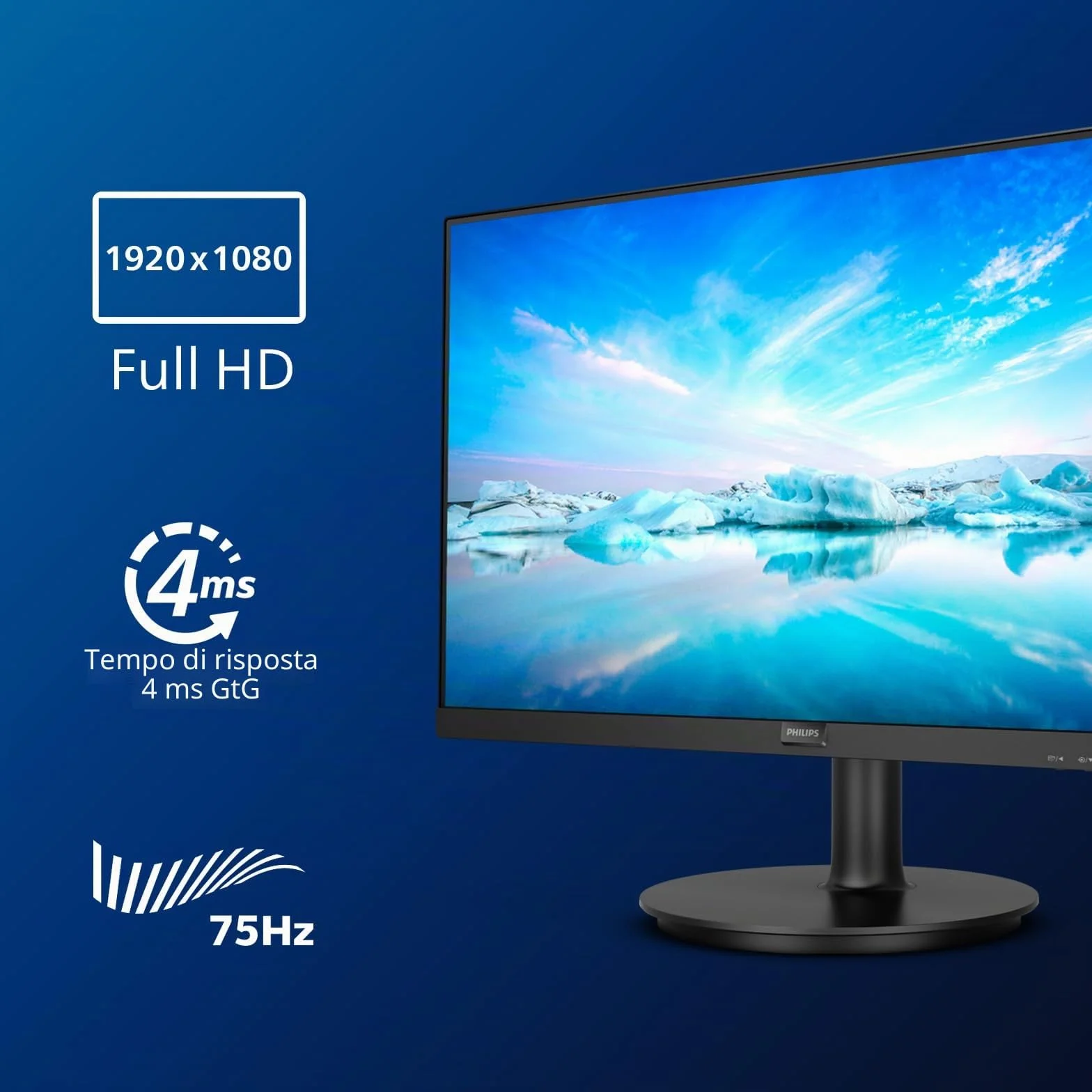 Philips 241V8L Monitor 24" LED VA Full HD, 1920 x 1080, Gaming Adaptive Sync, 75 Hz, HDMI, VGA, Attacco VESA, Nero